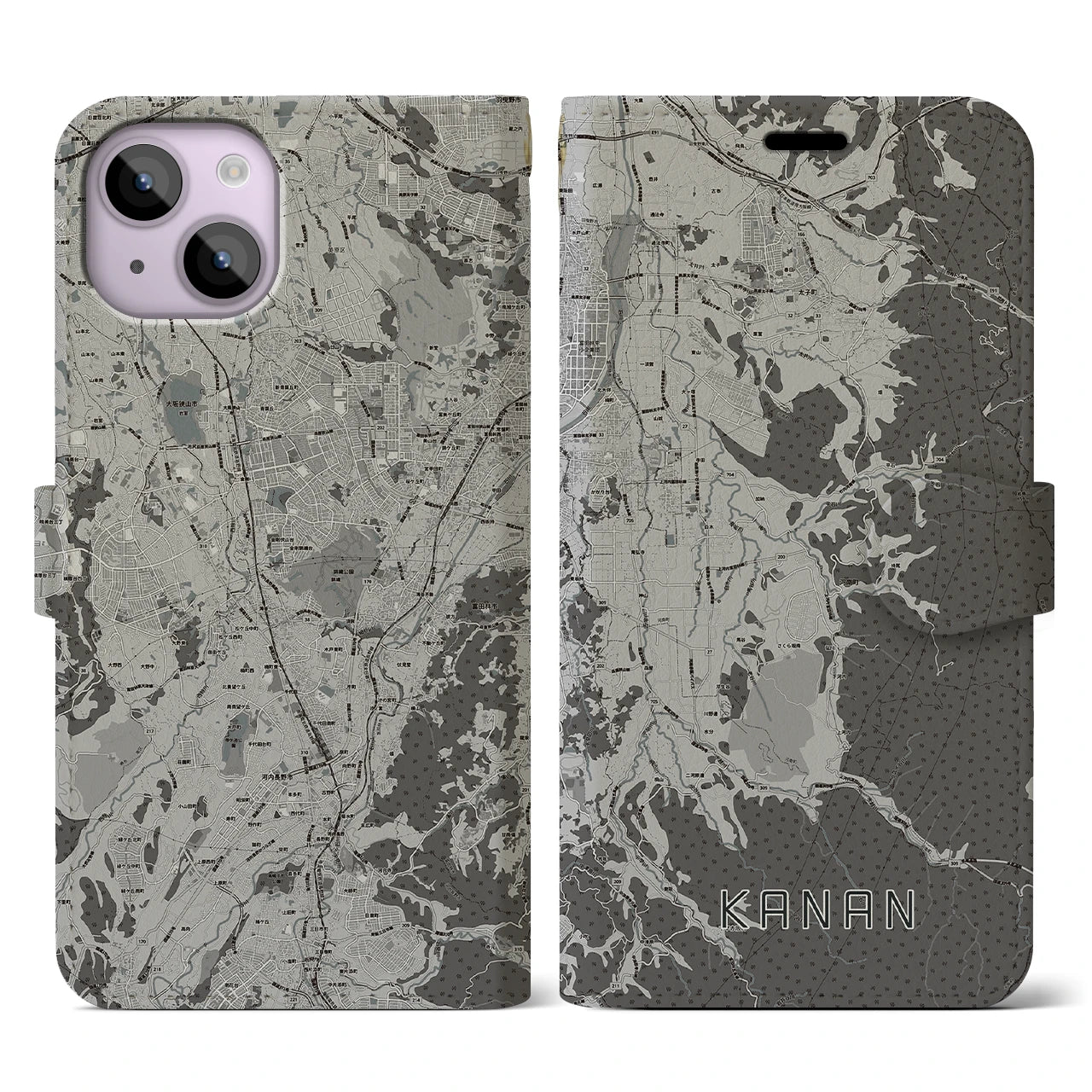 【河南(大阪府)】地図柄iPhoneケース(手帳タイプ)モノトーン・iPhone 14 用