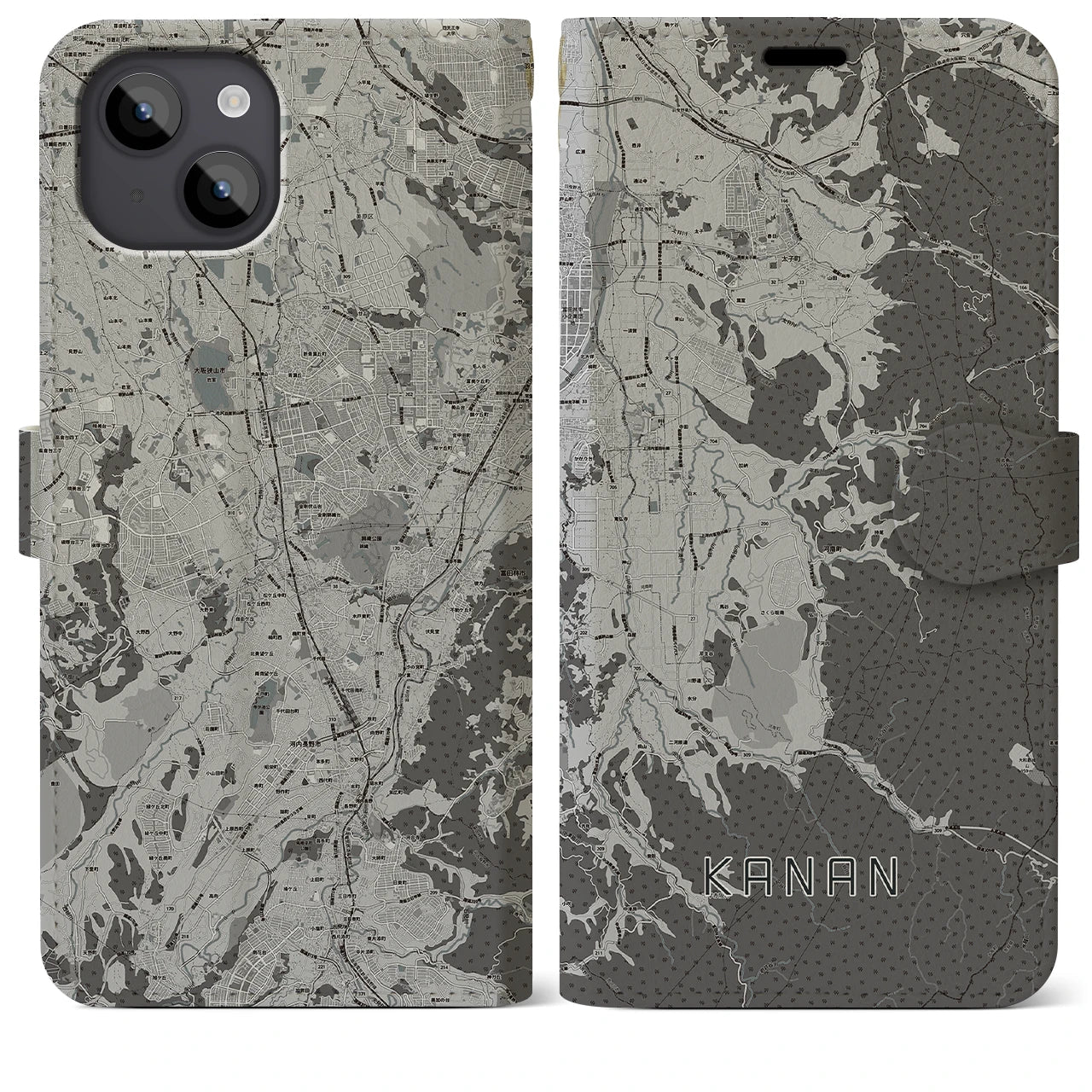 【河南(大阪府)】地図柄iPhoneケース(手帳タイプ)モノトーン・iPhone 14 Plus 用