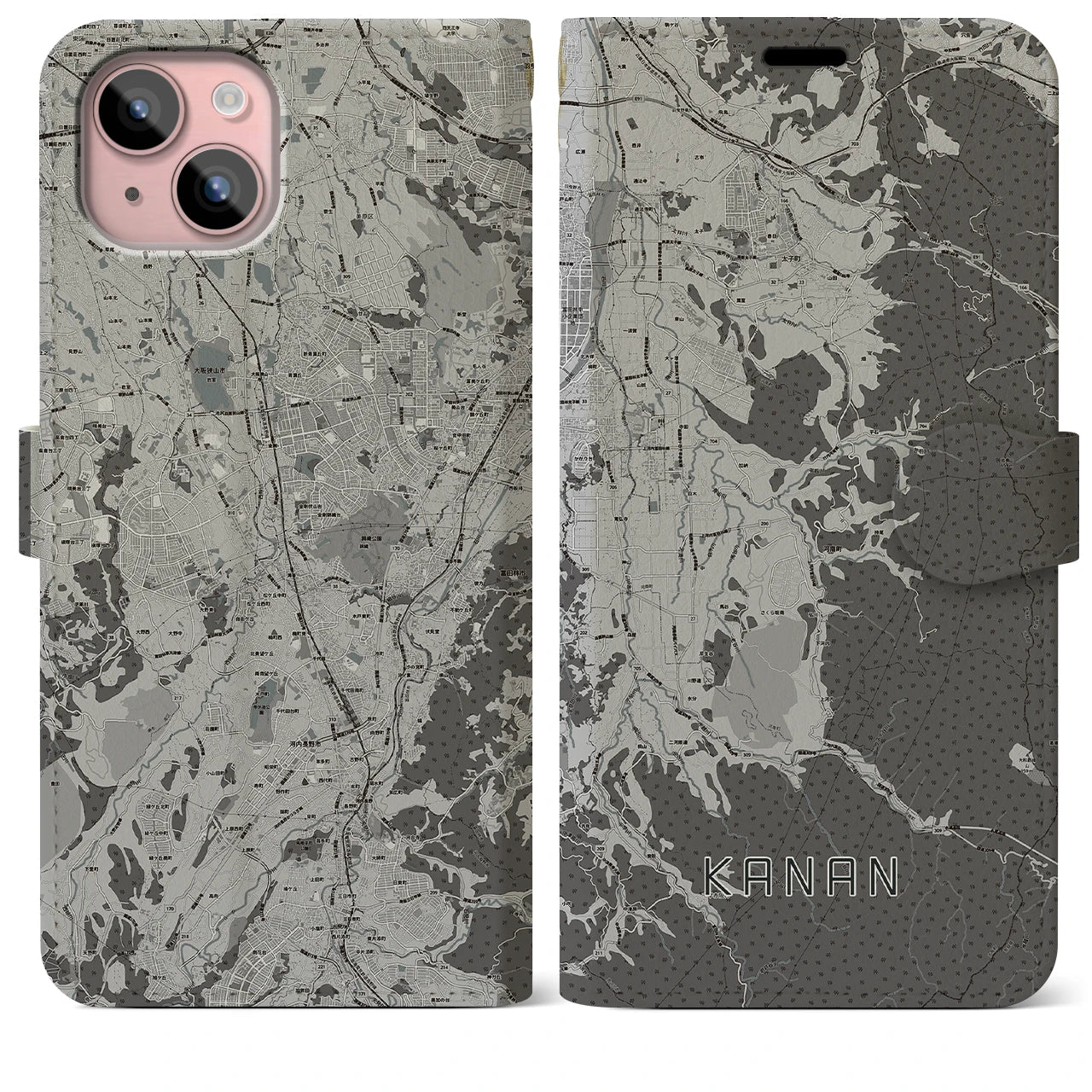 【河南(大阪府)】地図柄iPhoneケース(手帳タイプ)モノトーン・iPhone 15 Plus 用