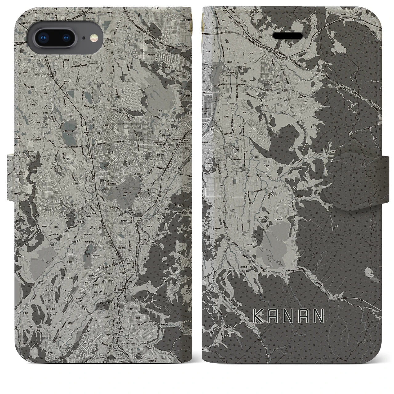 【河南(大阪府)】地図柄iPhoneケース(手帳タイプ)モノトーン・iPhone 8Plus /7Plus / 6sPlus / 6Plus 用