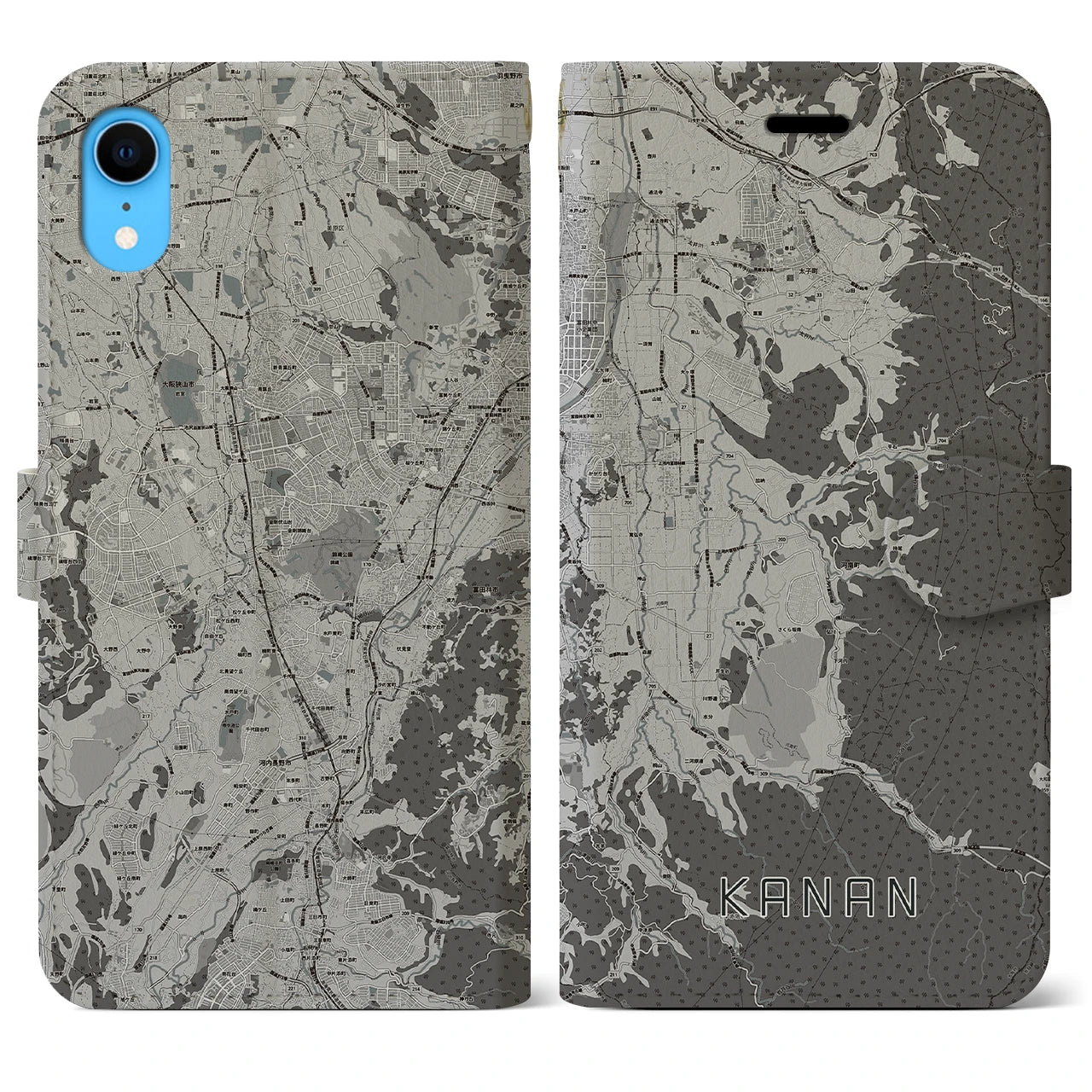 【河南(大阪府)】地図柄iPhoneケース(手帳タイプ)モノトーン・iPhone XR 用