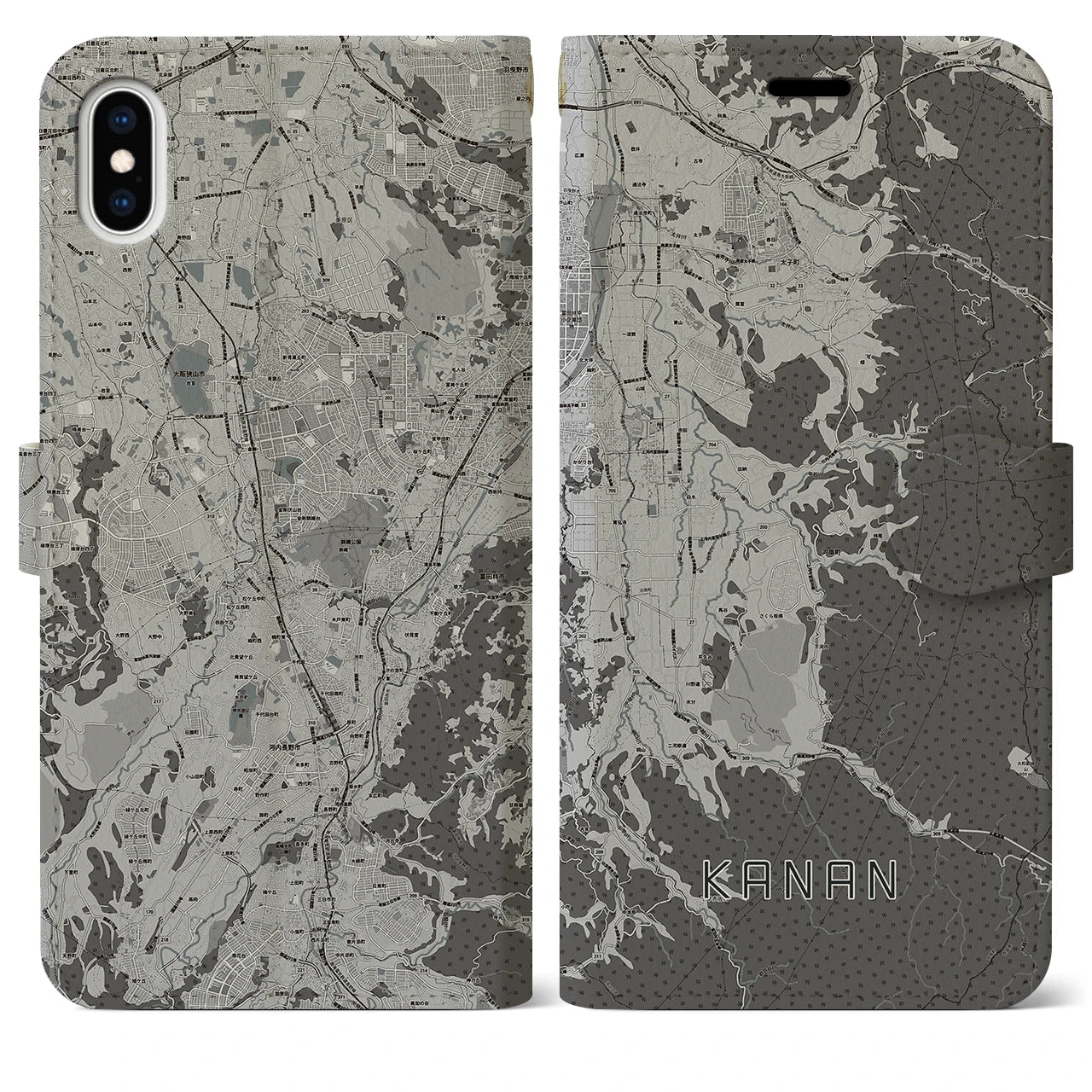 【河南(大阪府)】地図柄iPhoneケース(手帳タイプ)モノトーン・iPhone XS Max 用