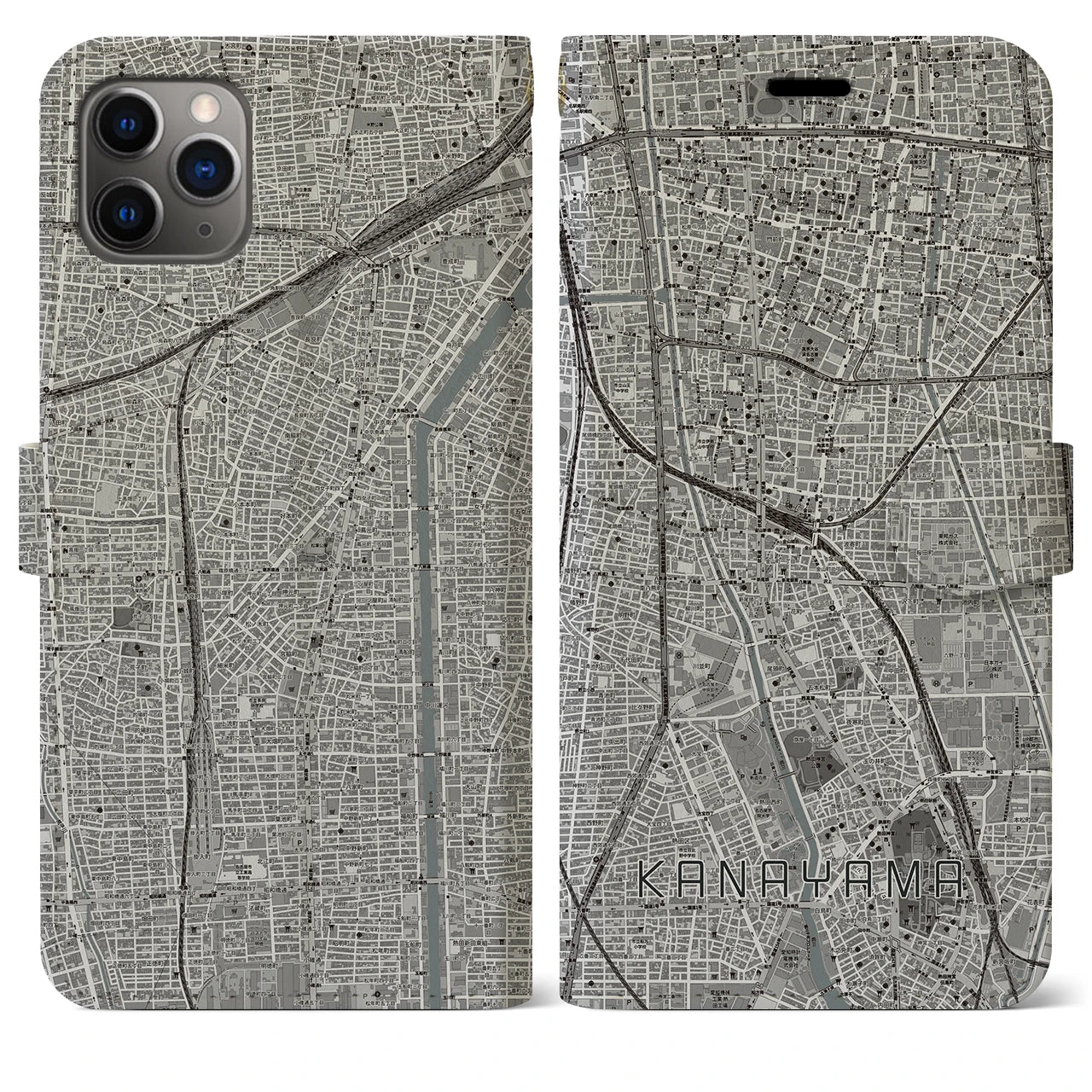 【金山(愛知県)】地図柄iPhoneケース(手帳タイプ)モノトーン・iPhone 11 Pro Max 用