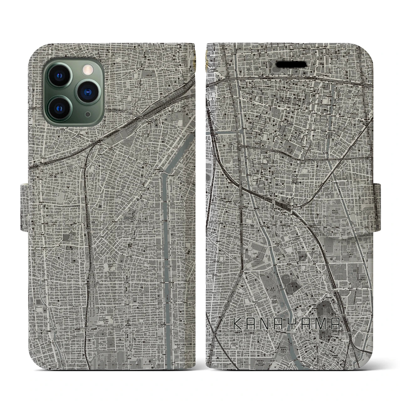 【金山(愛知県)】地図柄iPhoneケース(手帳タイプ)モノトーン・iPhone 11 Pro 用