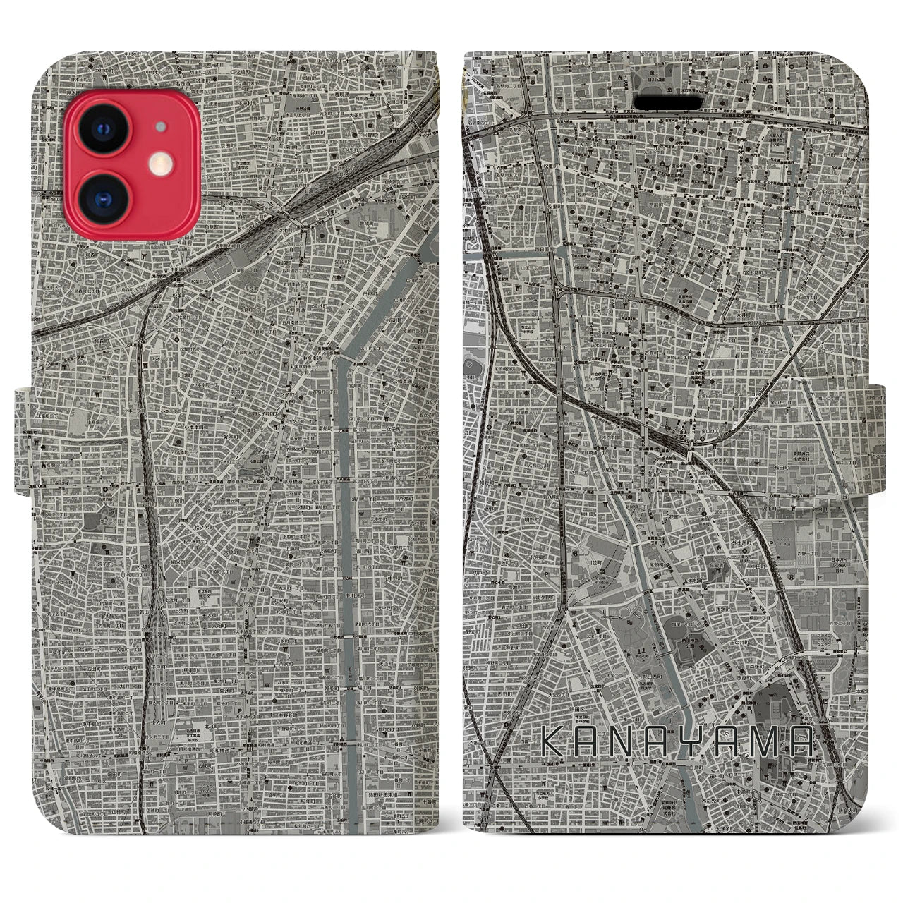 【金山(愛知県)】地図柄iPhoneケース(手帳タイプ)モノトーン・iPhone 11 用