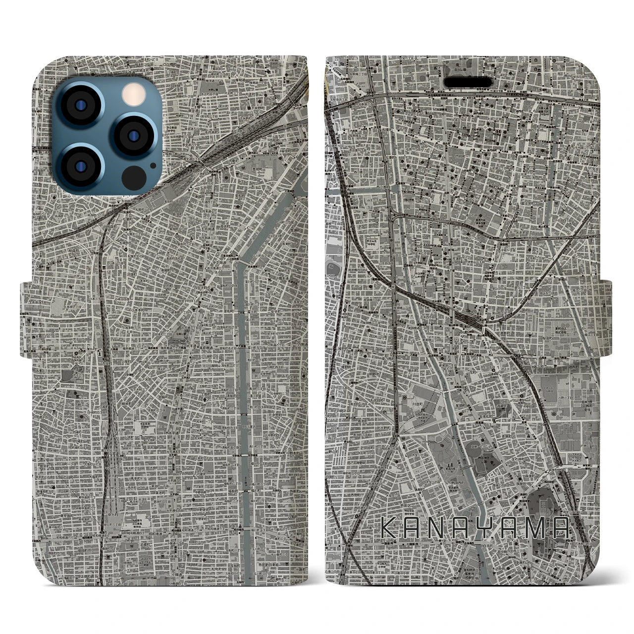 【金山(愛知県)】地図柄iPhoneケース(手帳タイプ)モノトーン・iPhone 12 / 12 Pro 用