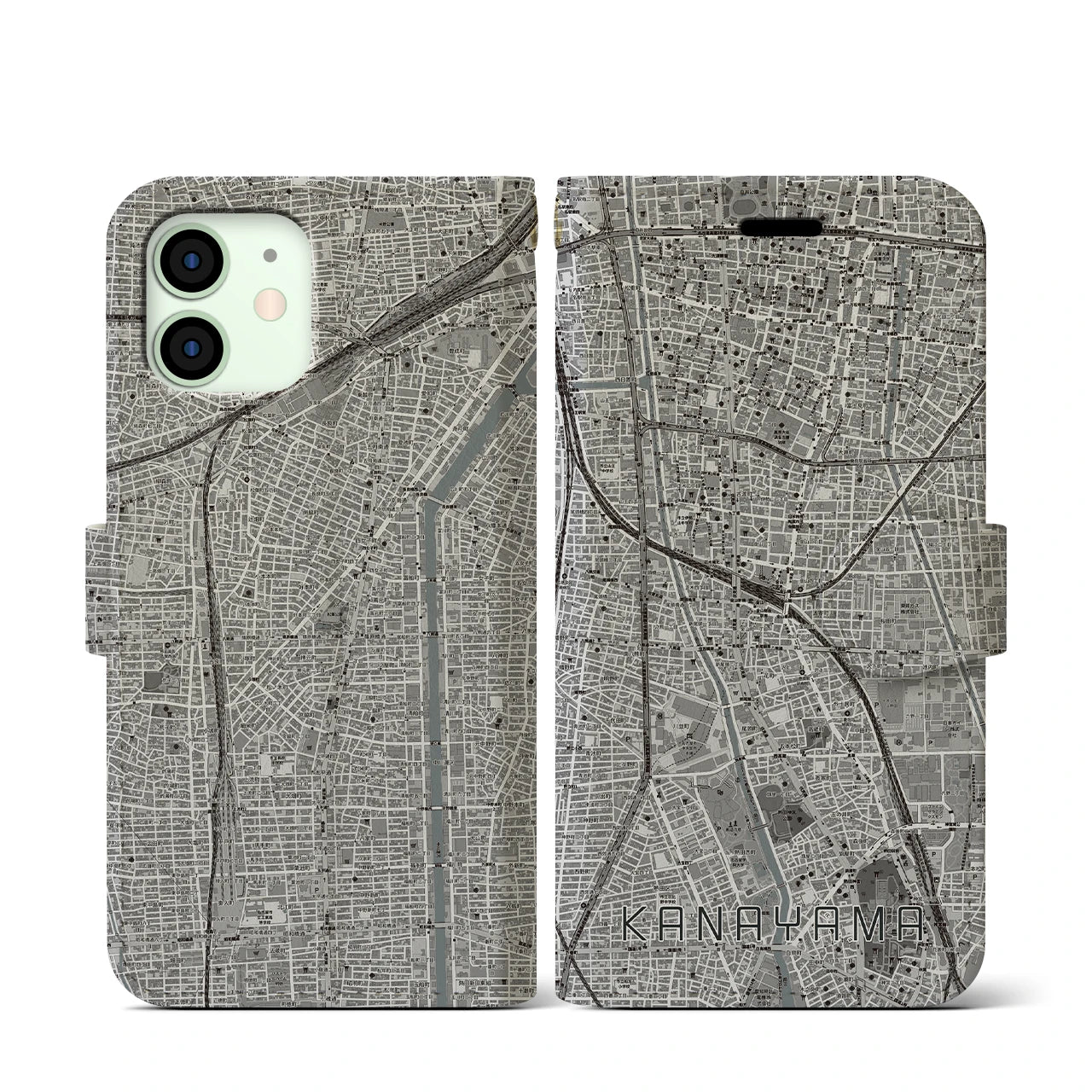 【金山(愛知県)】地図柄iPhoneケース(手帳タイプ)モノトーン・iPhone 12 mini 用