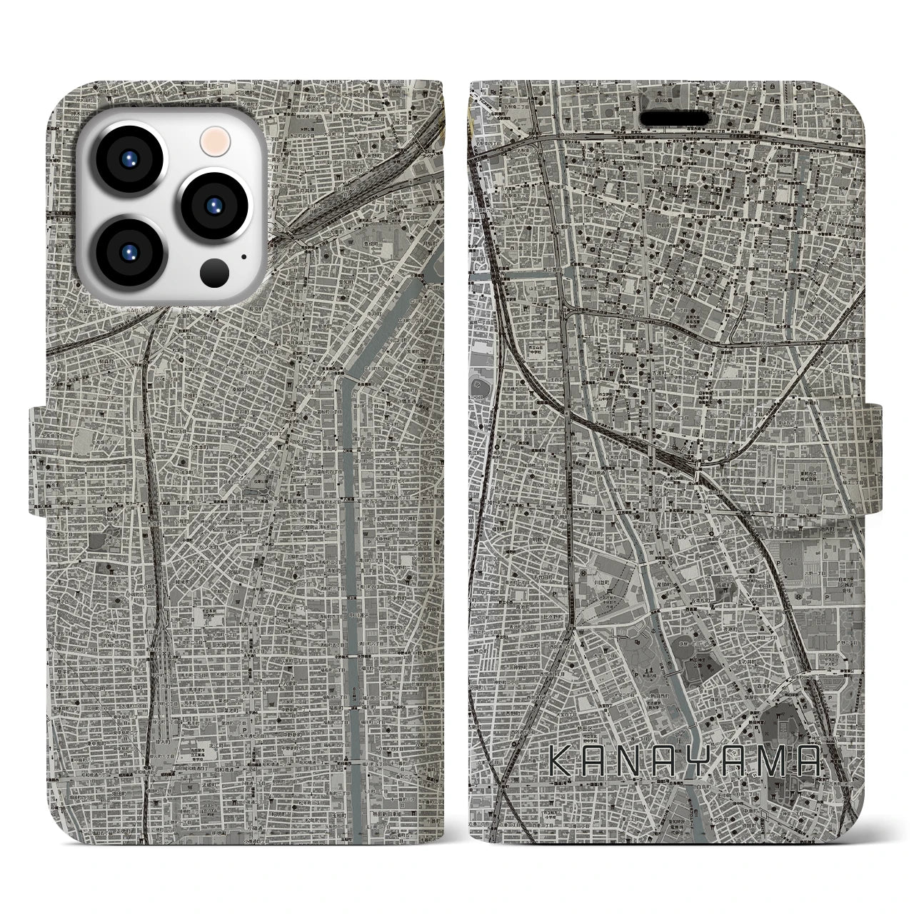 【金山(愛知県)】地図柄iPhoneケース(手帳タイプ)モノトーン・iPhone 13 Pro 用