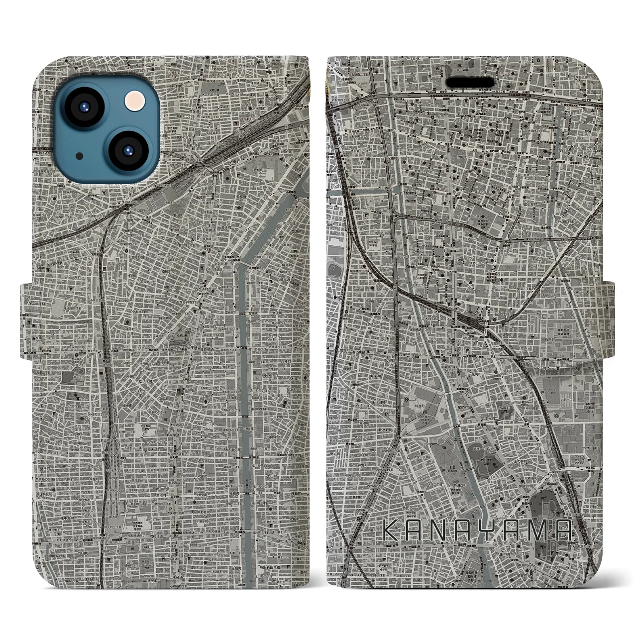 【金山(愛知県)】地図柄iPhoneケース(手帳タイプ)モノトーン・iPhone 13 用