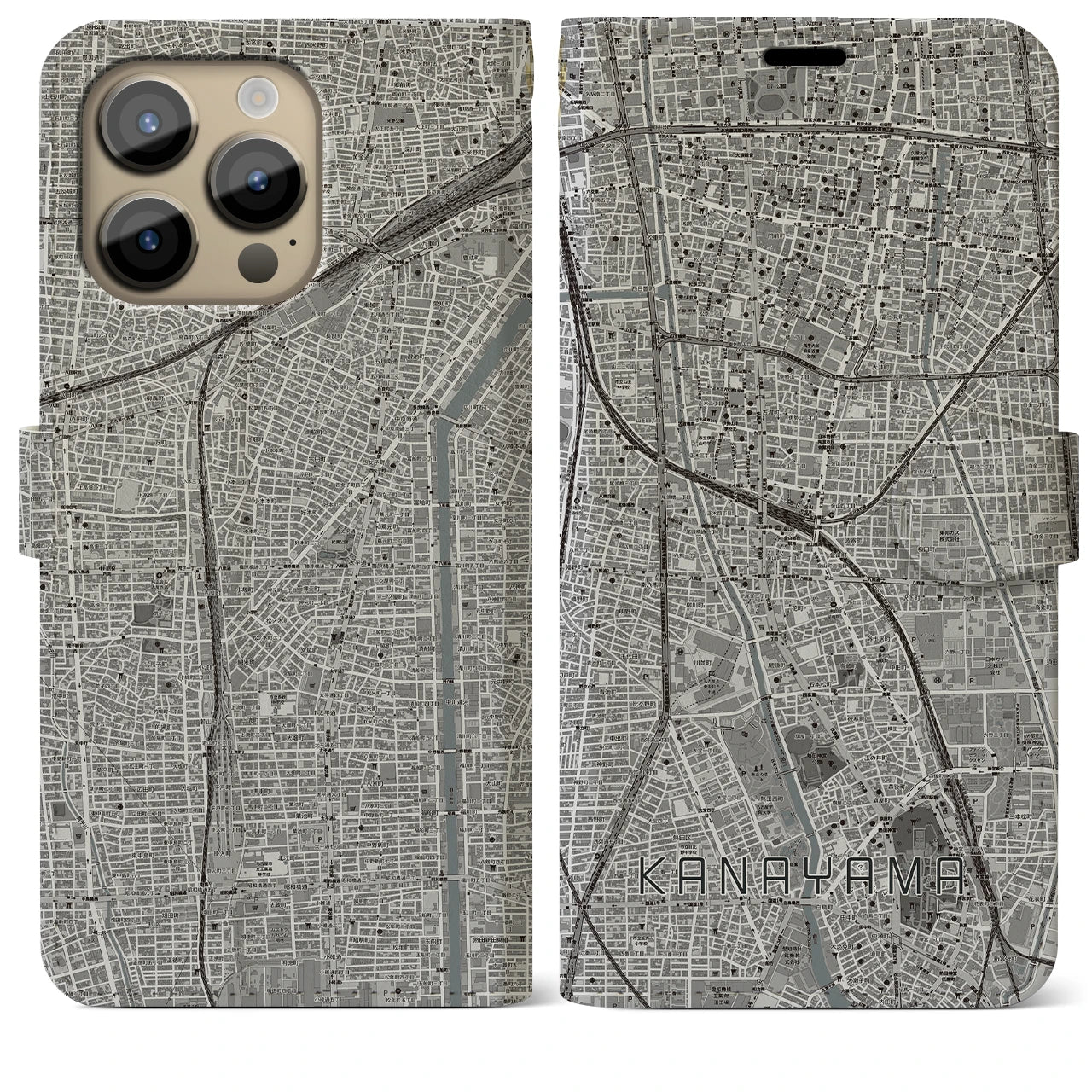 【金山(愛知県)】地図柄iPhoneケース(手帳タイプ)モノトーン・iPhone 14 Pro Max 用
