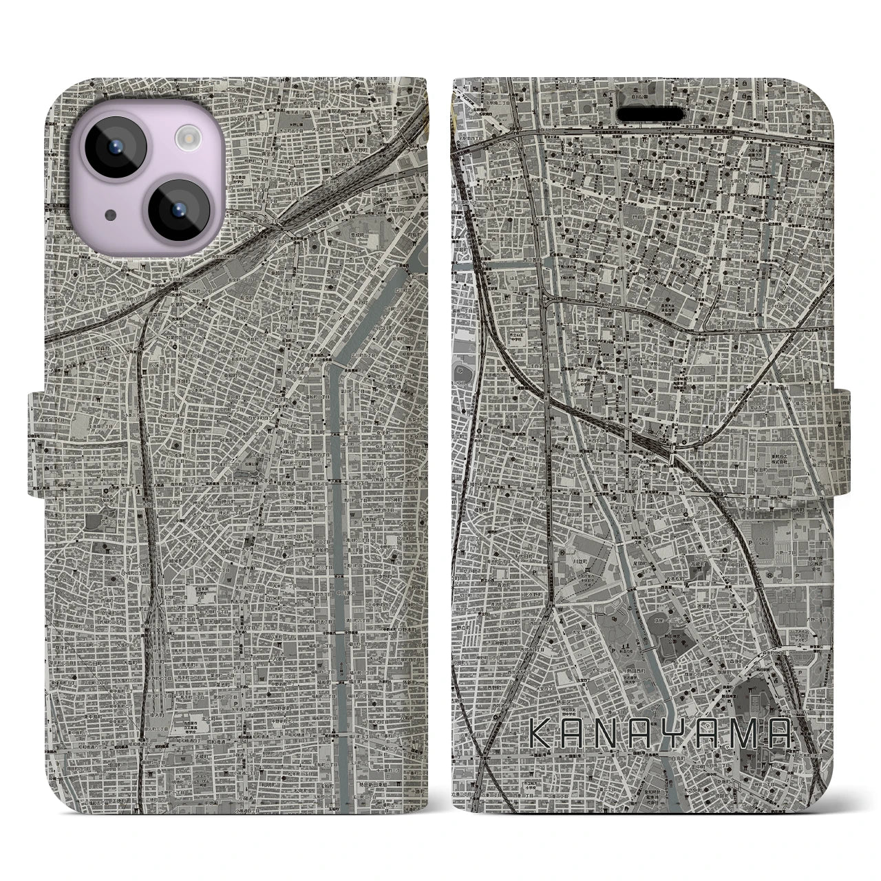 【金山(愛知県)】地図柄iPhoneケース(手帳タイプ)モノトーン・iPhone 14 用