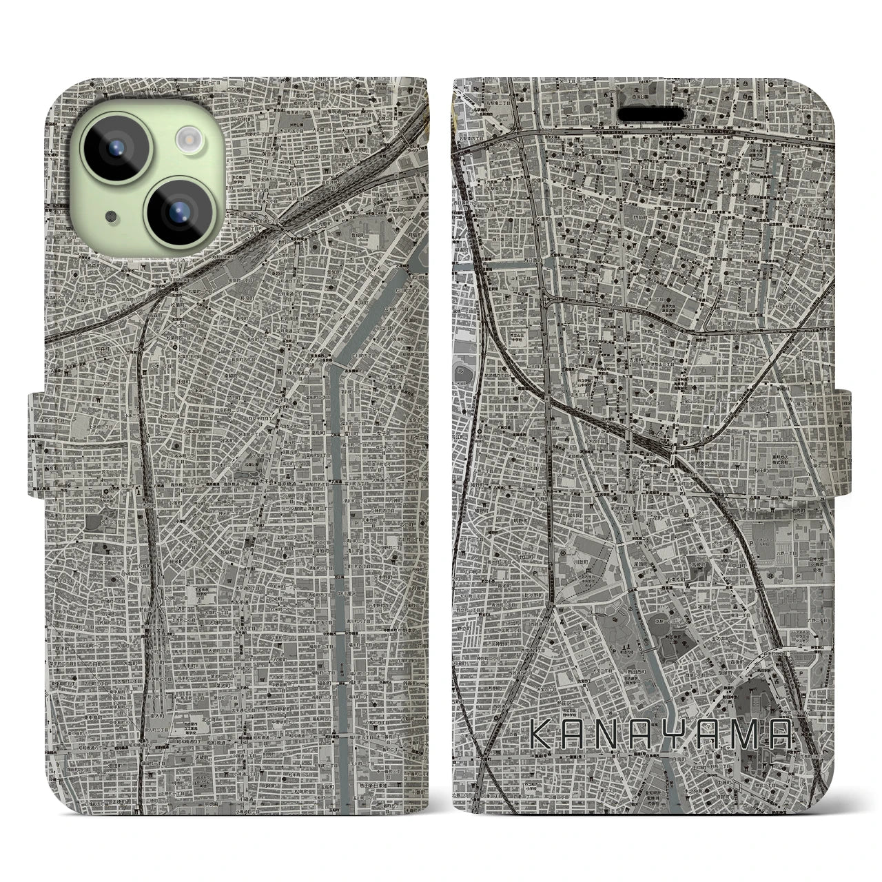 【金山(愛知県)】地図柄iPhoneケース(手帳タイプ)モノトーン・iPhone 15 用