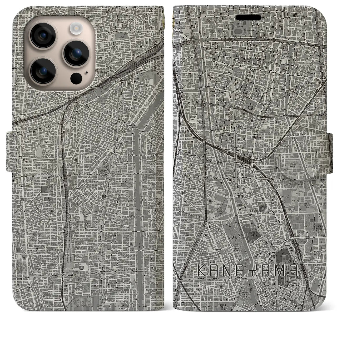 【金山(愛知県)】地図柄iPhoneケース(手帳タイプ)モノトーン・iPhone 16 Plus 用