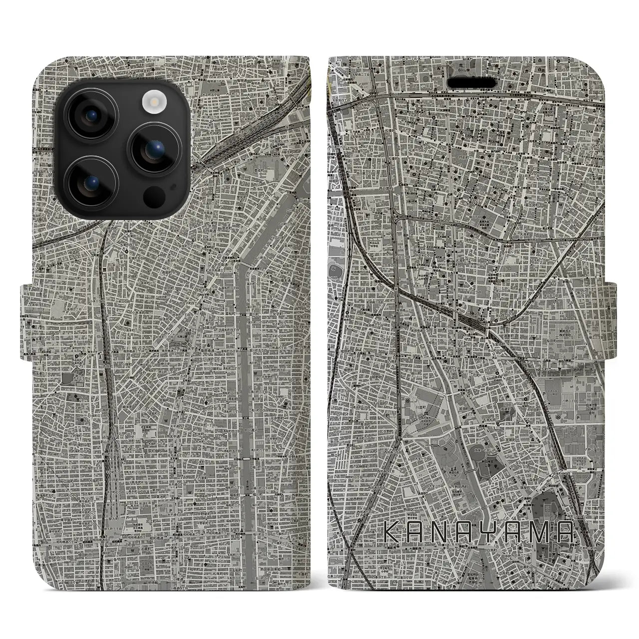 【金山(愛知県)】地図柄iPhoneケース(手帳タイプ)モノトーン・iPhone 16 用