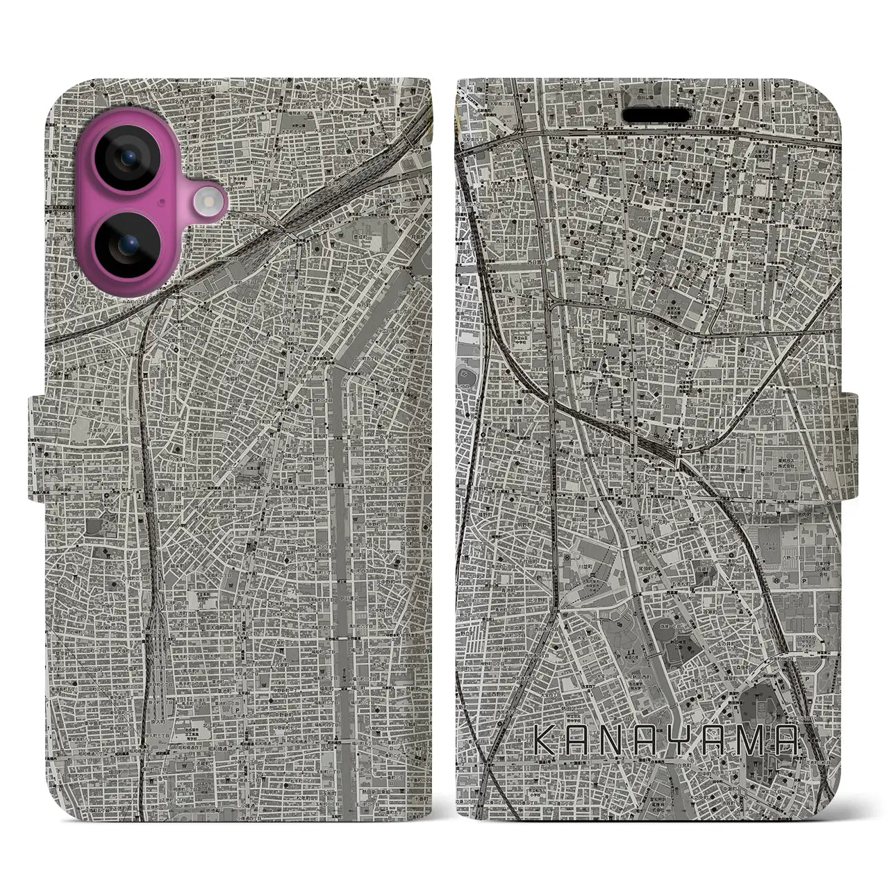 【金山(愛知県)】地図柄iPhoneケース(手帳タイプ)モノトーン・iPhone 16 Pro 用