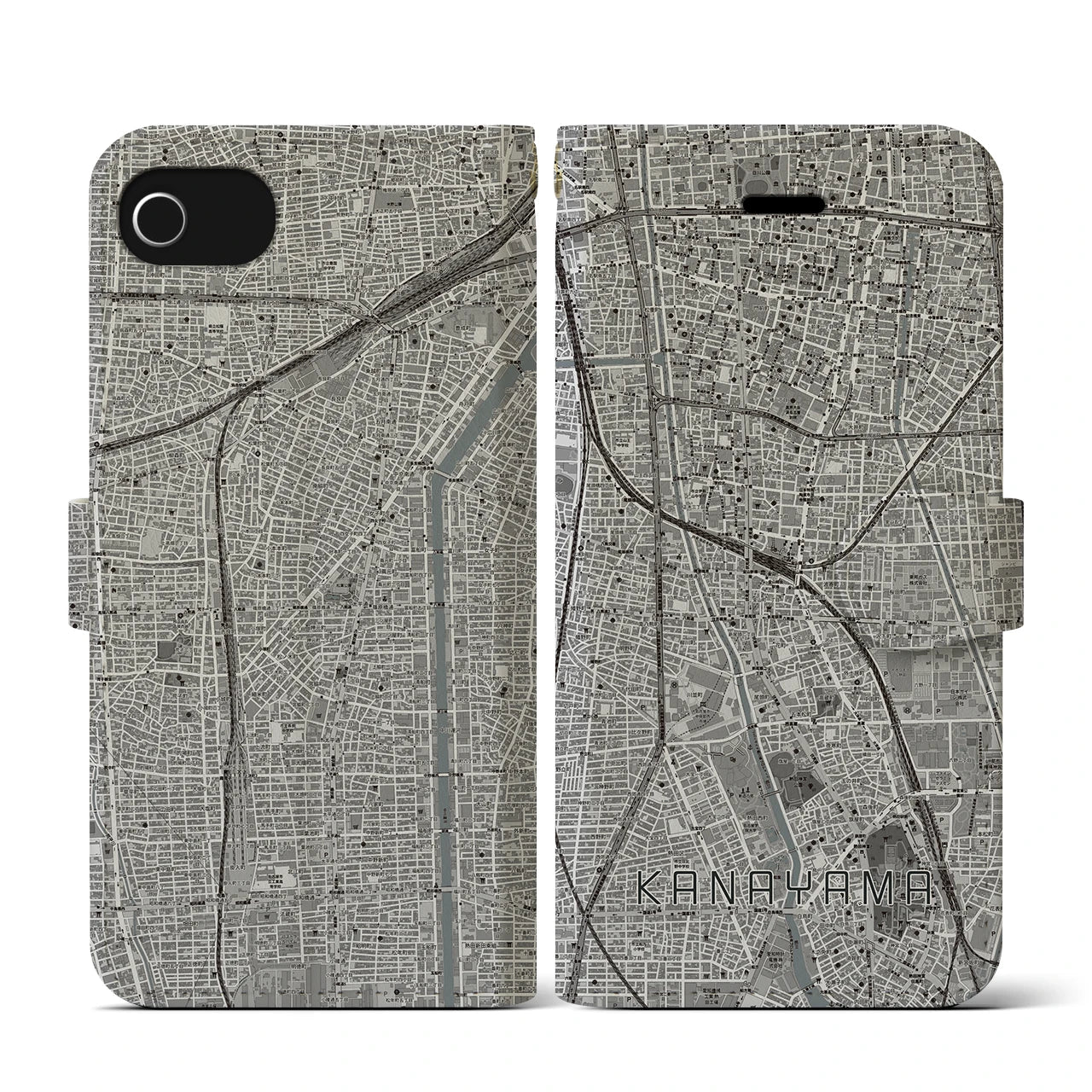 【金山(愛知県)】地図柄iPhoneケース(手帳タイプ)モノトーン・iPhone SE(第3 / 第2世代) / 8 / 7 / 6s / 6 用