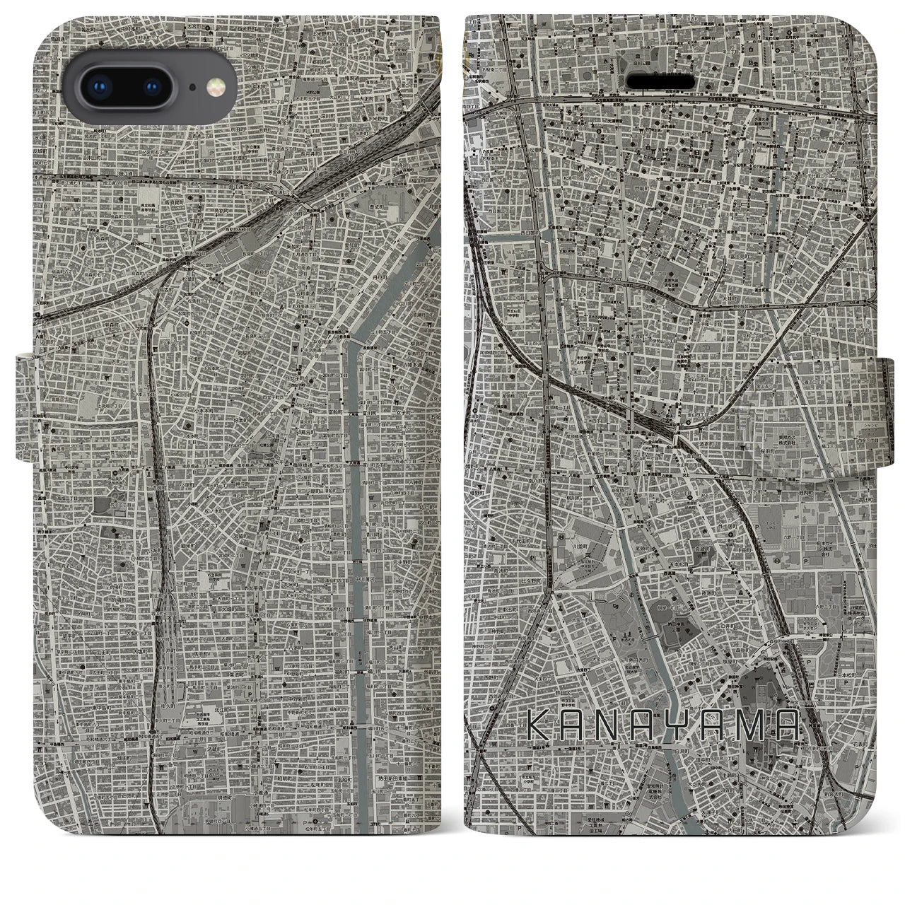 【金山(愛知県)】地図柄iPhoneケース(手帳タイプ)モノトーン・iPhone 8Plus /7Plus / 6sPlus / 6Plus 用