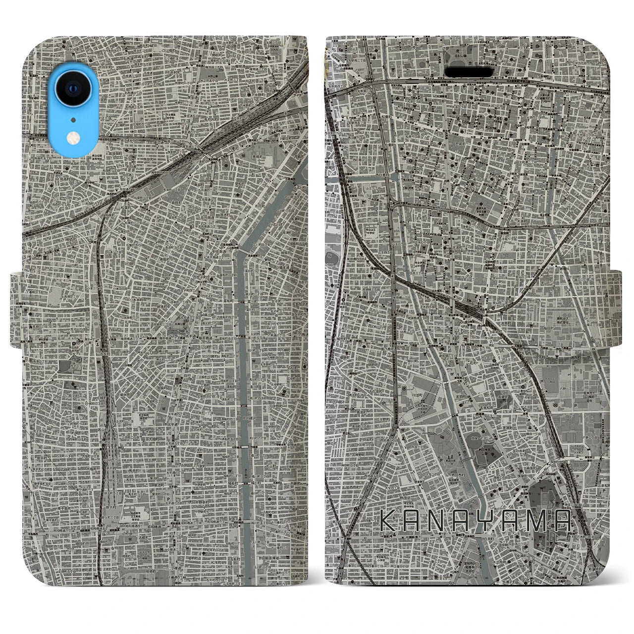 【金山(愛知県)】地図柄iPhoneケース(手帳タイプ)モノトーン・iPhone XR 用