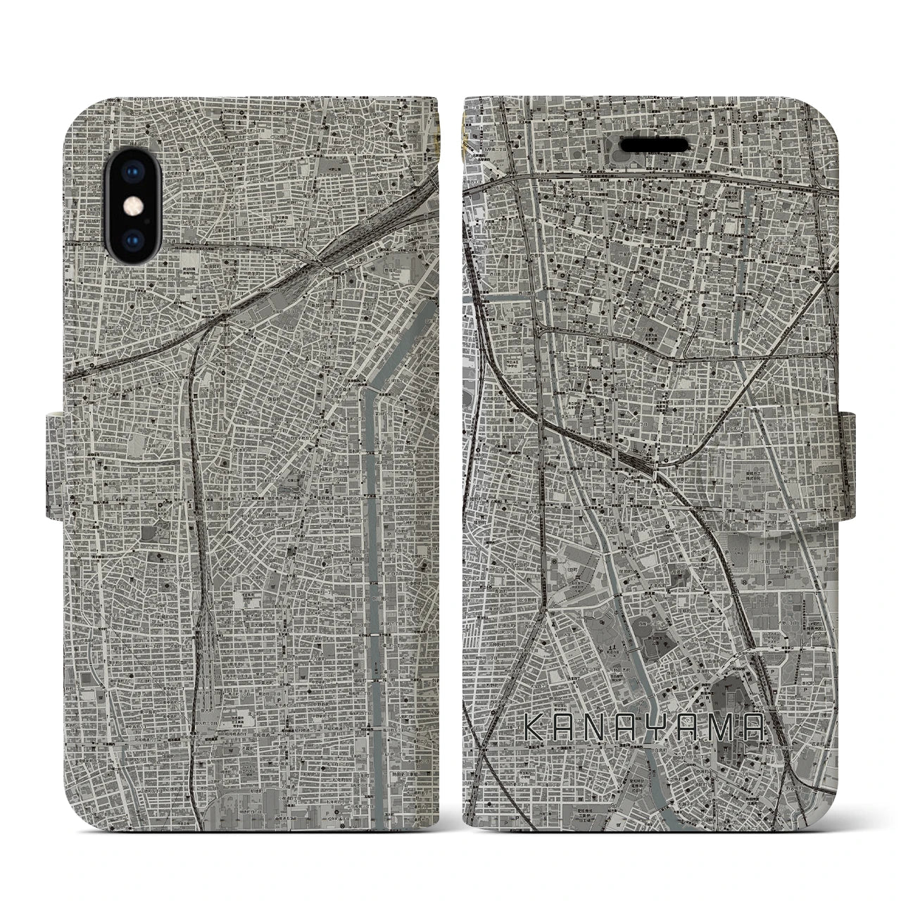 【金山(愛知県)】地図柄iPhoneケース(手帳タイプ)モノトーン・iPhone XS / X 用