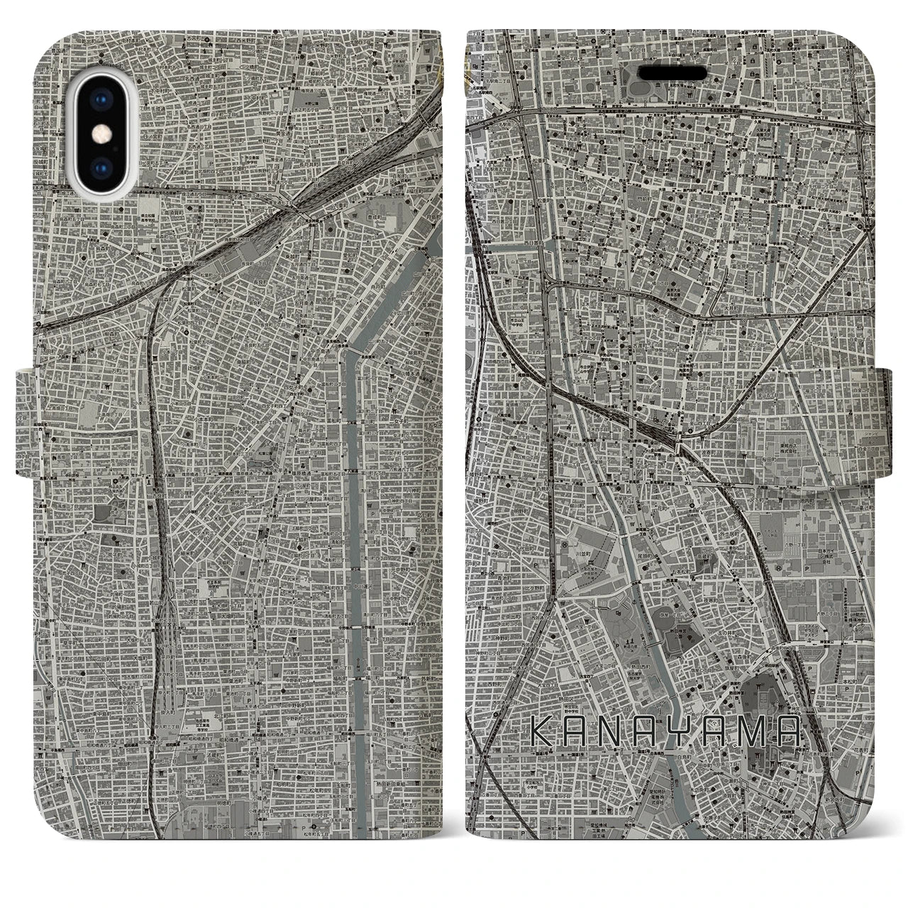 【金山(愛知県)】地図柄iPhoneケース(手帳タイプ)モノトーン・iPhone XS Max 用