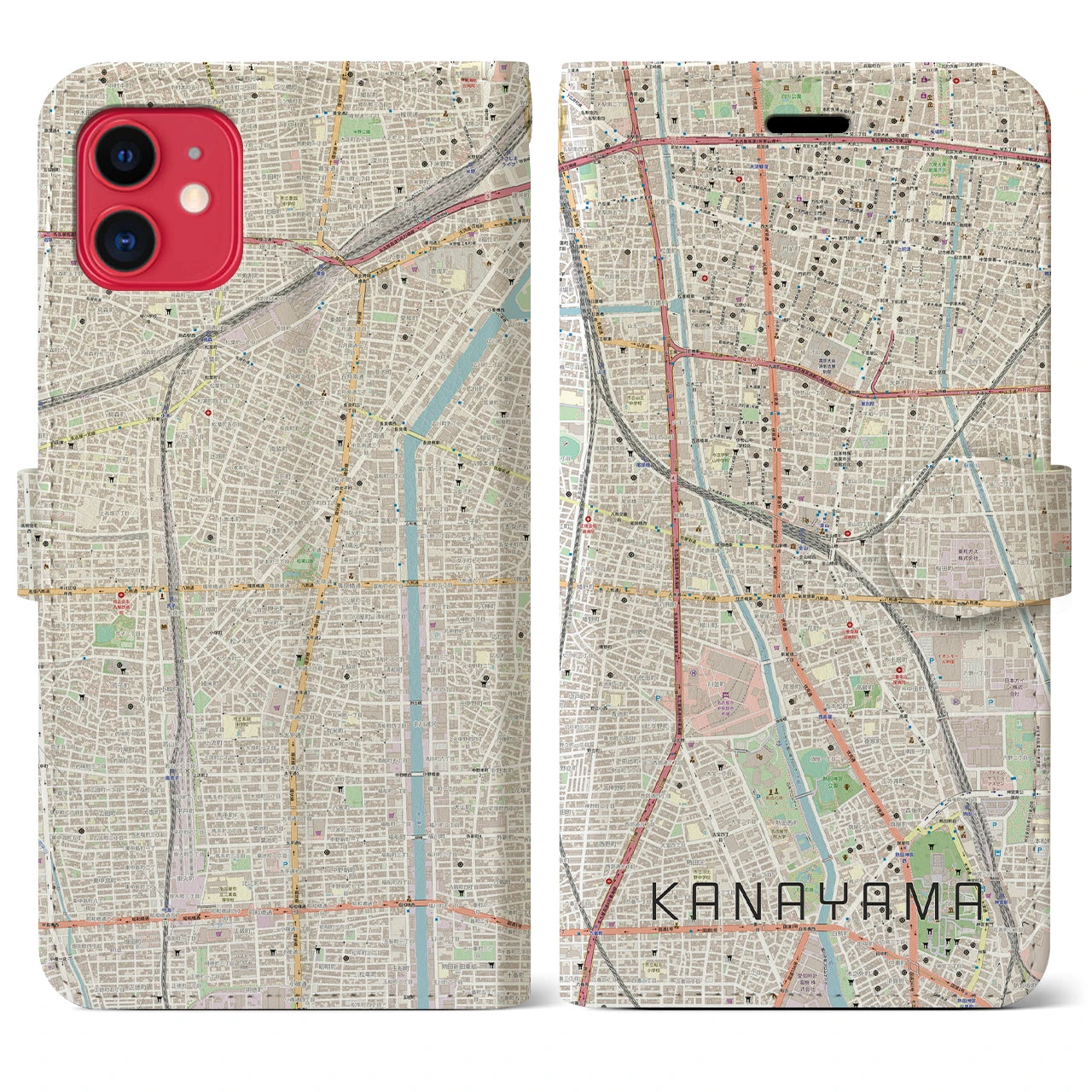【金山(愛知県)】地図柄iPhoneケース(手帳タイプ)ナチュラル・iPhone 11 用