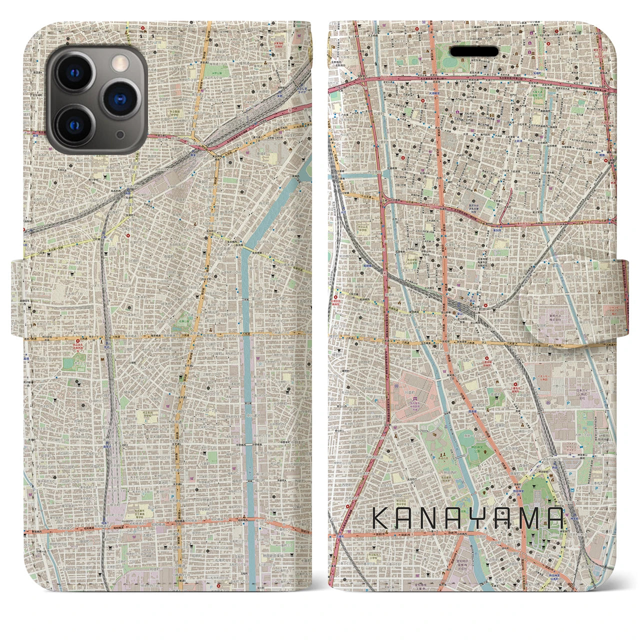 【金山(愛知県)】地図柄iPhoneケース(手帳タイプ)ナチュラル・iPhone 11 Pro Max 用