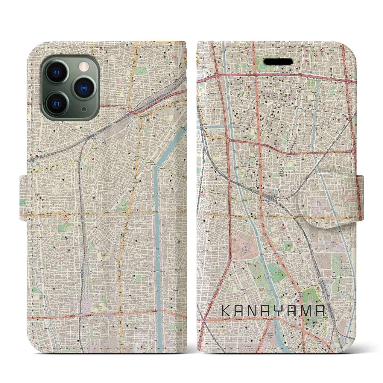 【金山(愛知県)】地図柄iPhoneケース(手帳タイプ)ナチュラル・iPhone 11 Pro 用