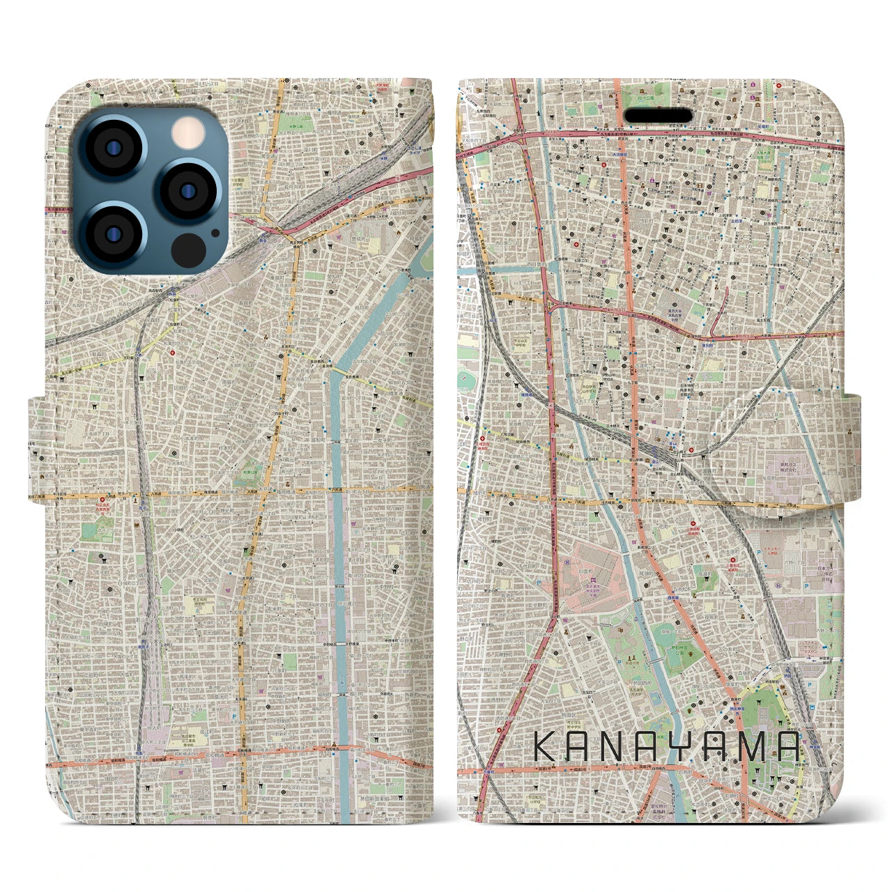 【金山(愛知県)】地図柄iPhoneケース(手帳タイプ)ナチュラル・iPhone 12 / 12 Pro 用