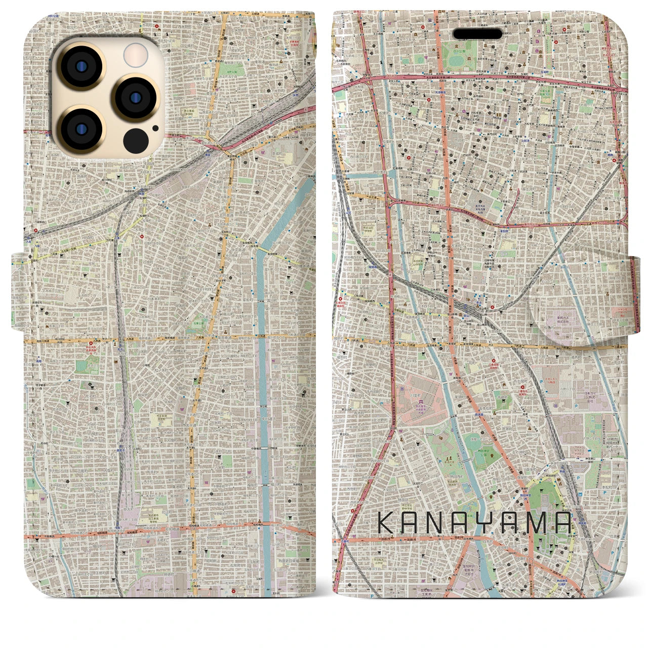【金山(愛知県)】地図柄iPhoneケース(手帳タイプ)ナチュラル・iPhone 12 Pro Max 用