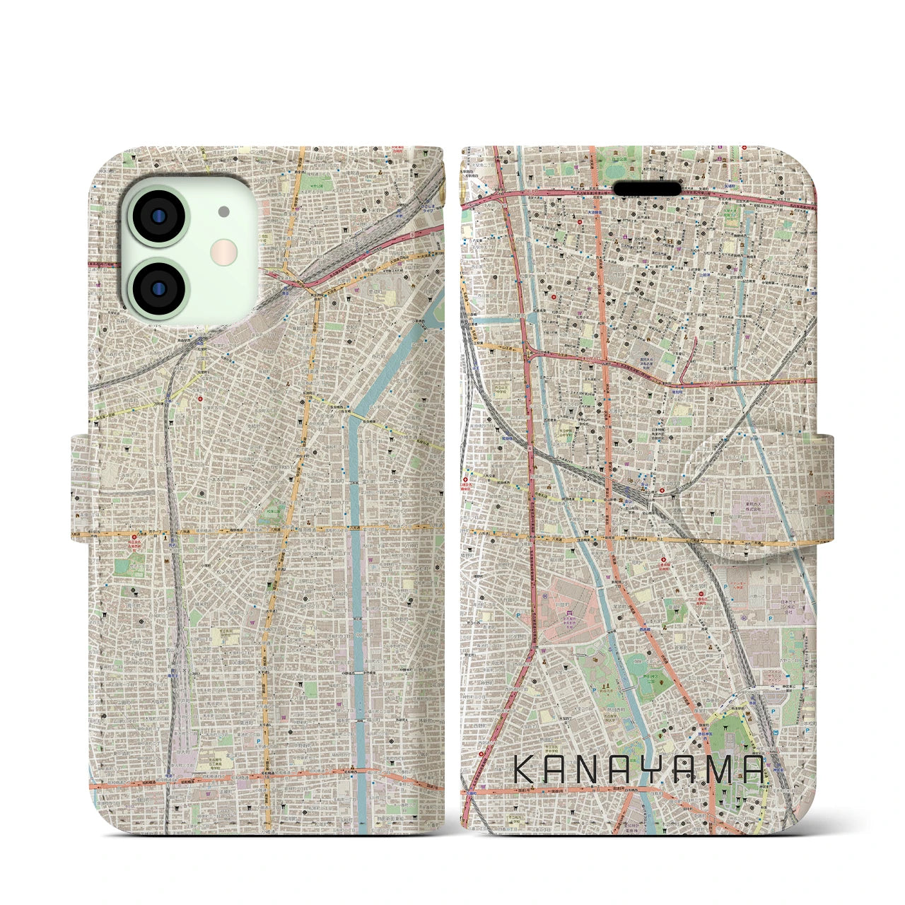 【金山(愛知県)】地図柄iPhoneケース(手帳タイプ)ナチュラル・iPhone 12 mini 用