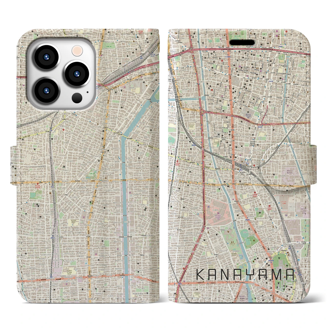 【金山(愛知県)】地図柄iPhoneケース(手帳タイプ)ナチュラル・iPhone 13 Pro 用