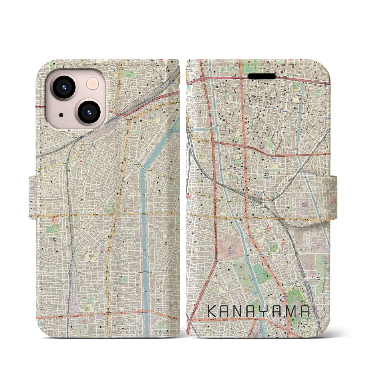 【金山(愛知県)】地図柄iPhoneケース(手帳タイプ)ナチュラル・iPhone 13 mini 用