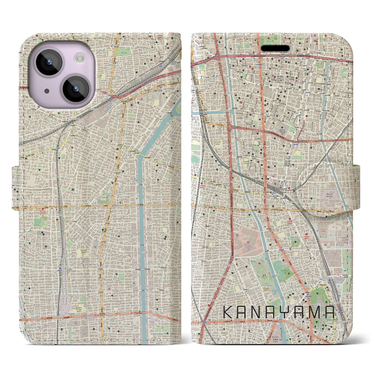 【金山(愛知県)】地図柄iPhoneケース(手帳タイプ)ナチュラル・iPhone 14 用