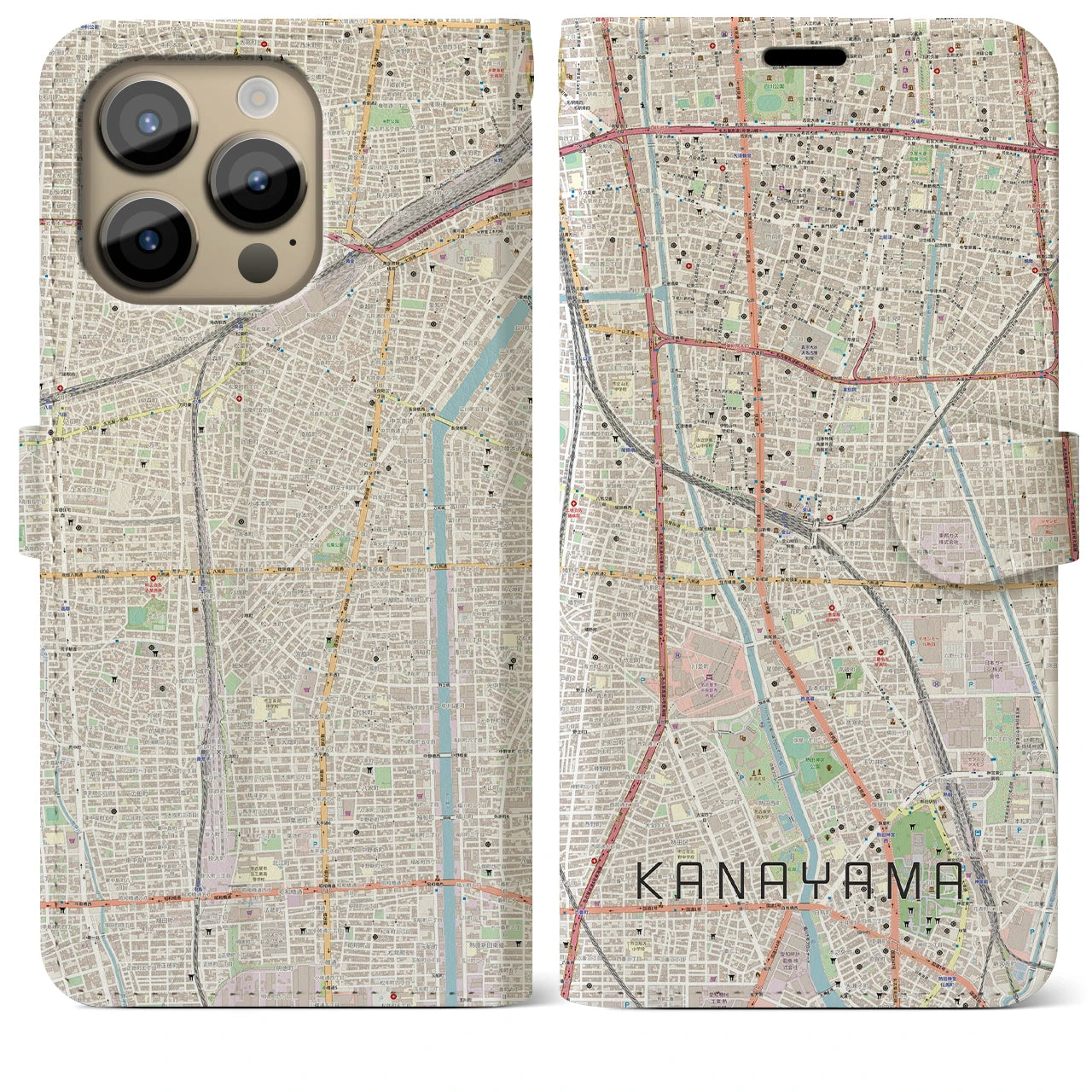 【金山(愛知県)】地図柄iPhoneケース(手帳タイプ)ナチュラル・iPhone 14 Pro Max 用