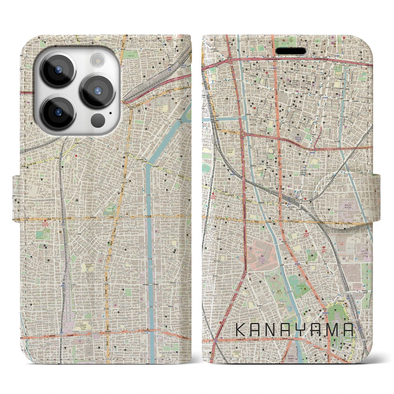 【金山(愛知県)】地図柄iPhoneケース(手帳タイプ)ナチュラル・iPhone 14 Pro 用
