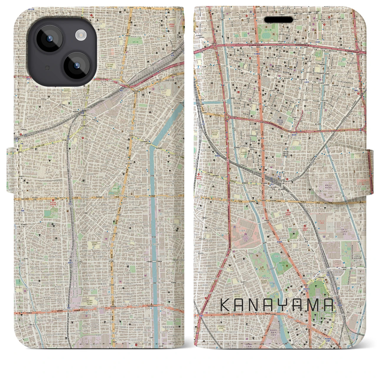 【金山(愛知県)】地図柄iPhoneケース(手帳タイプ)ナチュラル・iPhone 14 Plus 用