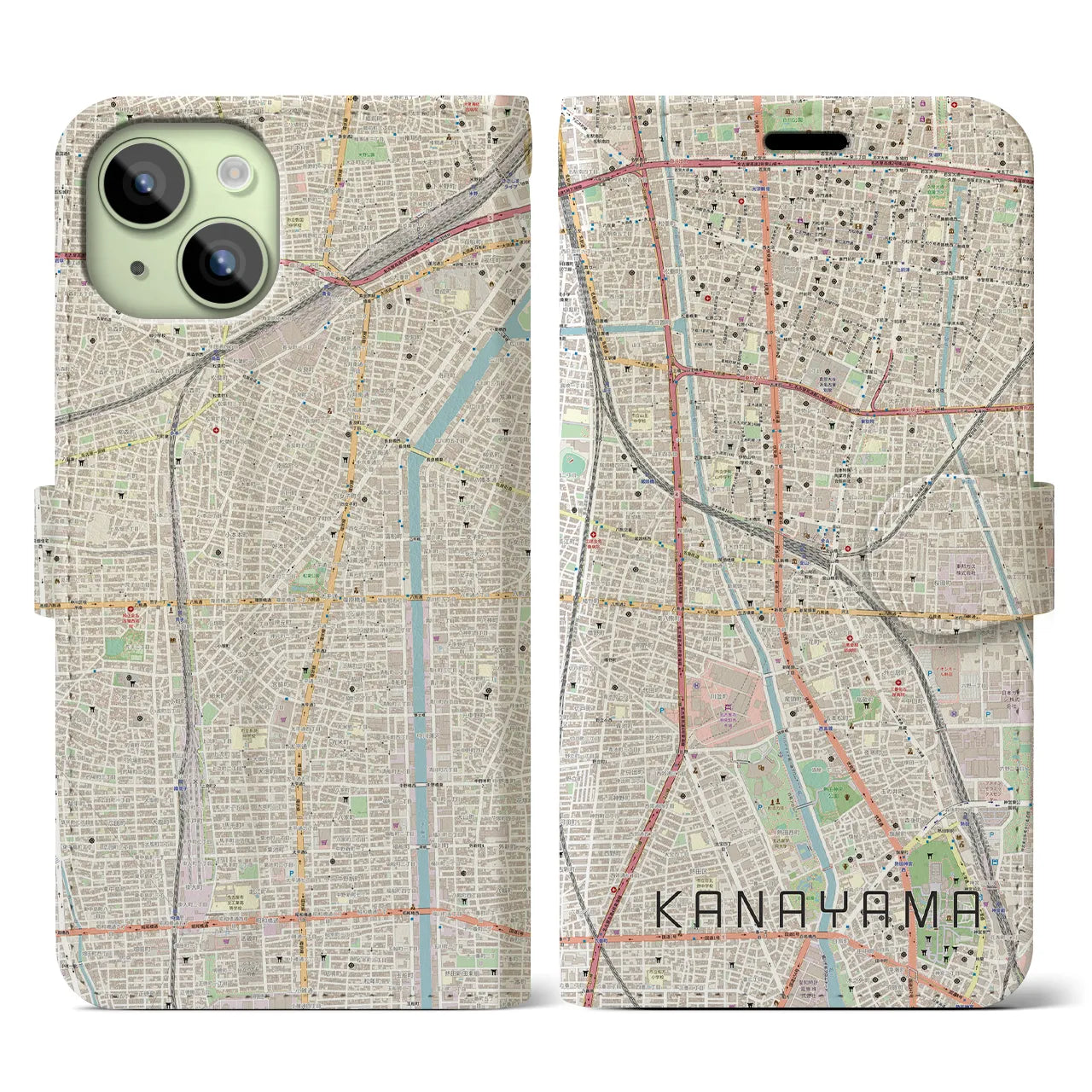 【金山(愛知県)】地図柄iPhoneケース(手帳タイプ)ナチュラル・iPhone 15 用