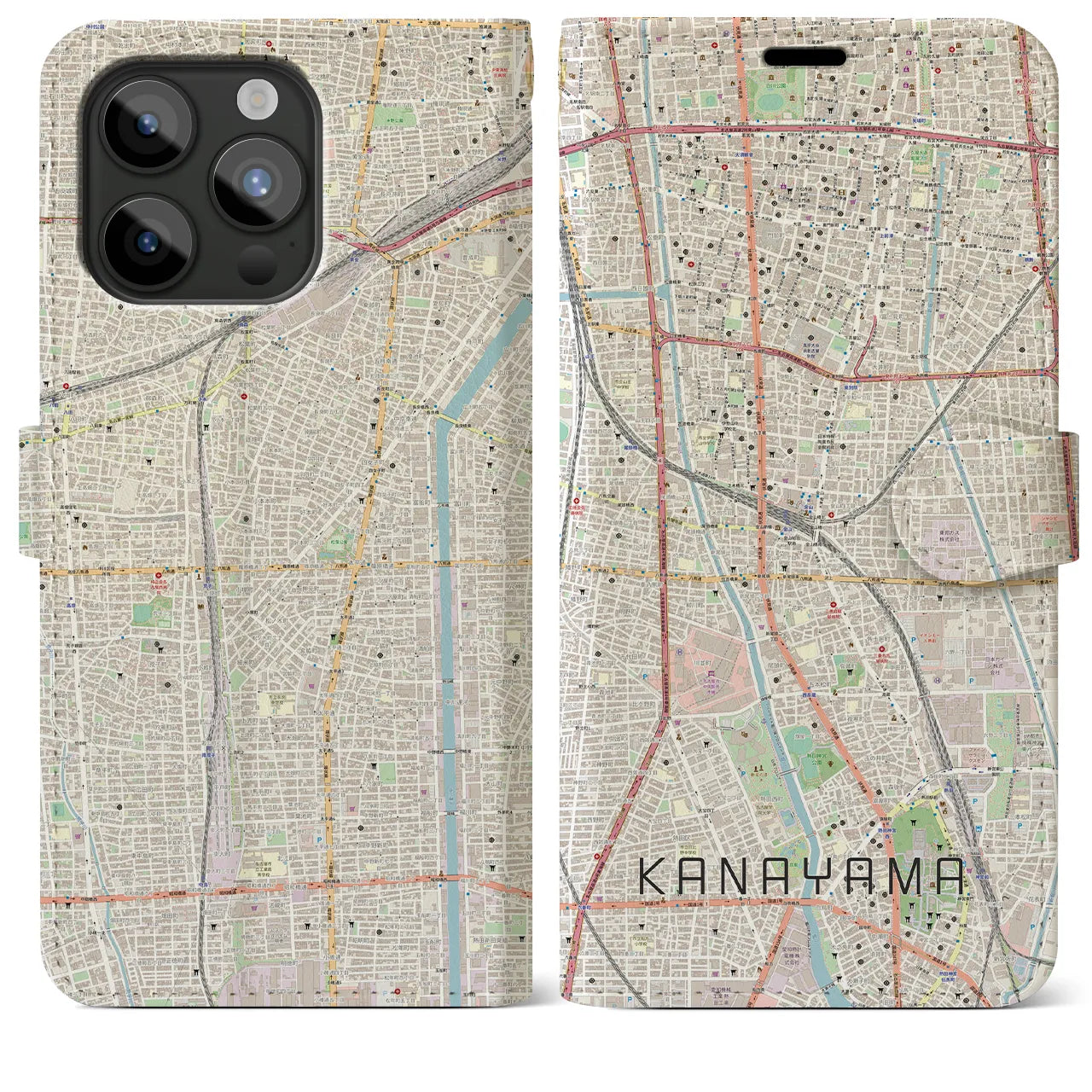 【金山(愛知県)】地図柄iPhoneケース(手帳タイプ)ナチュラル・iPhone 15 Pro Max 用