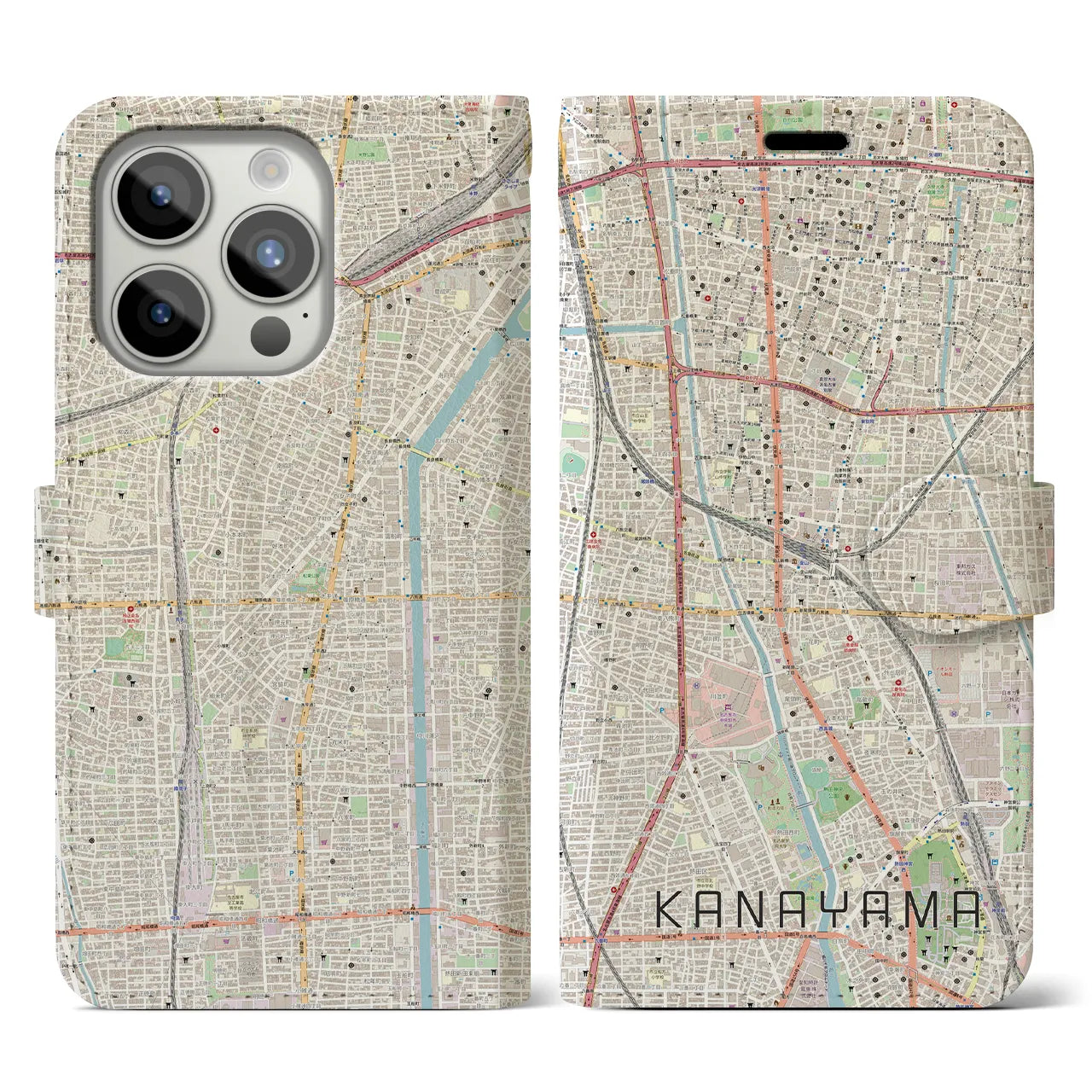【金山(愛知県)】地図柄iPhoneケース(手帳タイプ)ナチュラル・iPhone 15 Pro 用