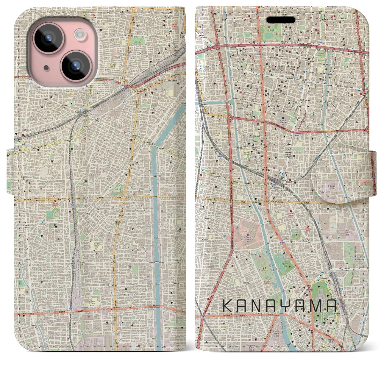 【金山(愛知県)】地図柄iPhoneケース(手帳タイプ)ナチュラル・iPhone 15 Plus 用