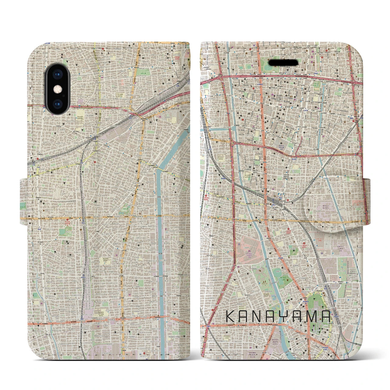 【金山(愛知県)】地図柄iPhoneケース(手帳タイプ)ナチュラル・iPhone XS / X 用