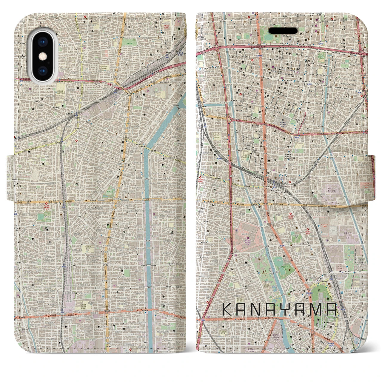 【金山(愛知県)】地図柄iPhoneケース(手帳タイプ)ナチュラル・iPhone XS Max 用