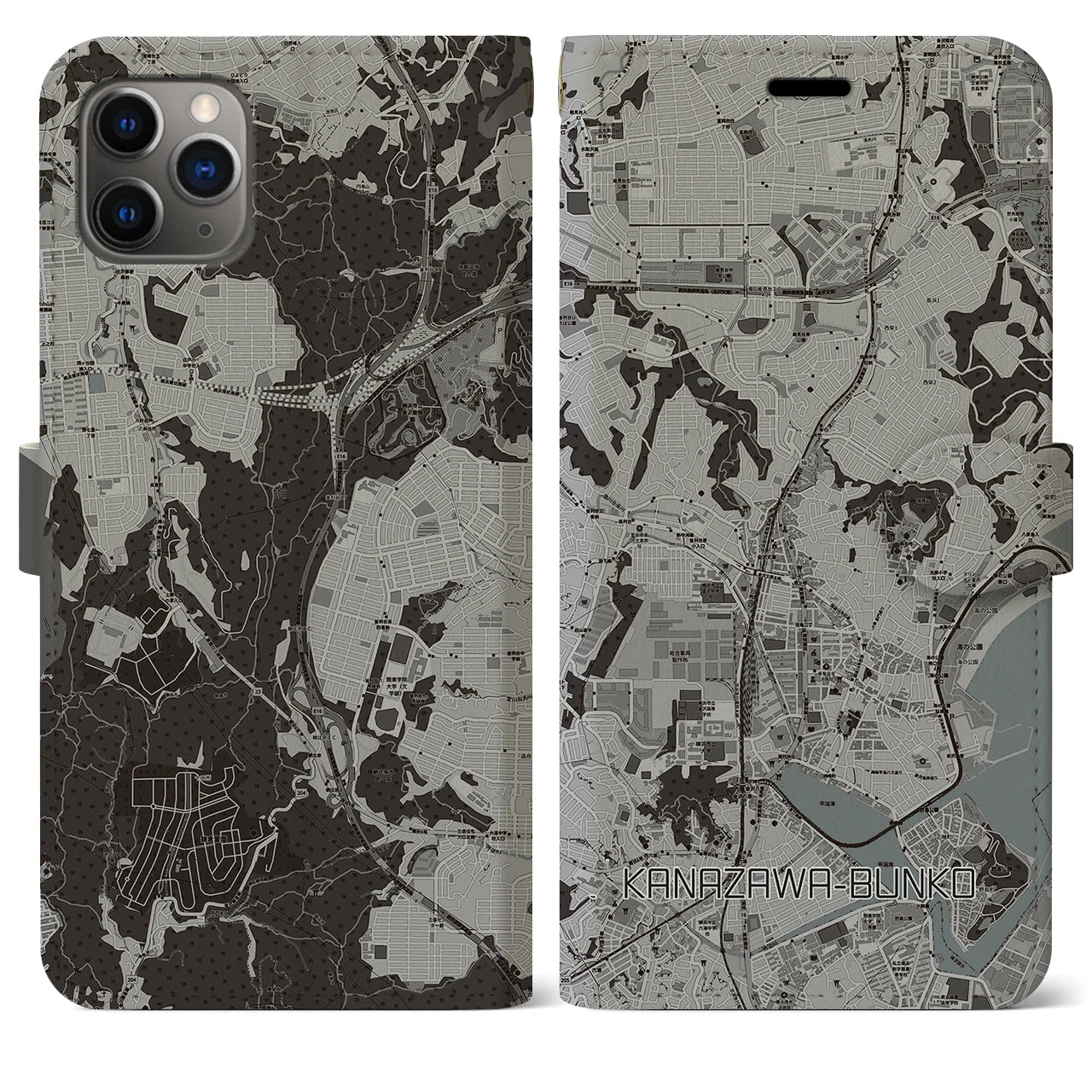 【金沢文庫(神奈川県)】地図柄iPhoneケース(手帳タイプ)モノトーン・iPhone 11 Pro Max 用