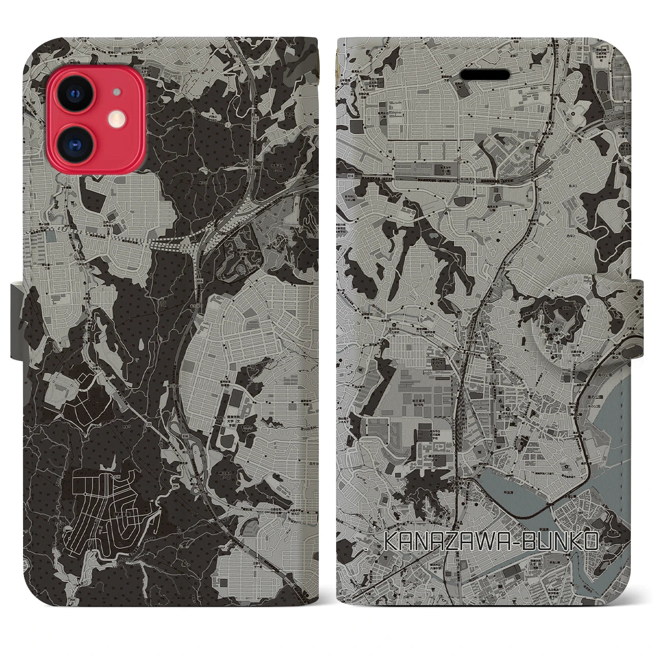 【金沢文庫(神奈川県)】地図柄iPhoneケース(手帳タイプ)モノトーン・iPhone 11 用