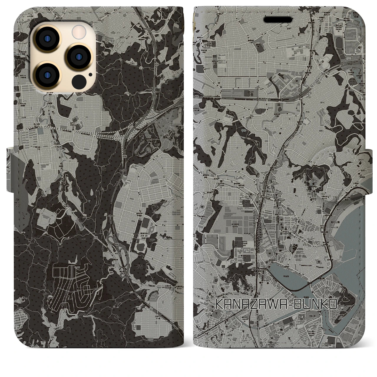 【金沢文庫(神奈川県)】地図柄iPhoneケース(手帳タイプ)モノトーン・iPhone 12 Pro Max 用