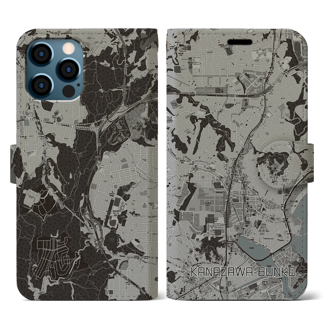 【金沢文庫(神奈川県)】地図柄iPhoneケース(手帳タイプ)モノトーン・iPhone 12 / 12 Pro 用