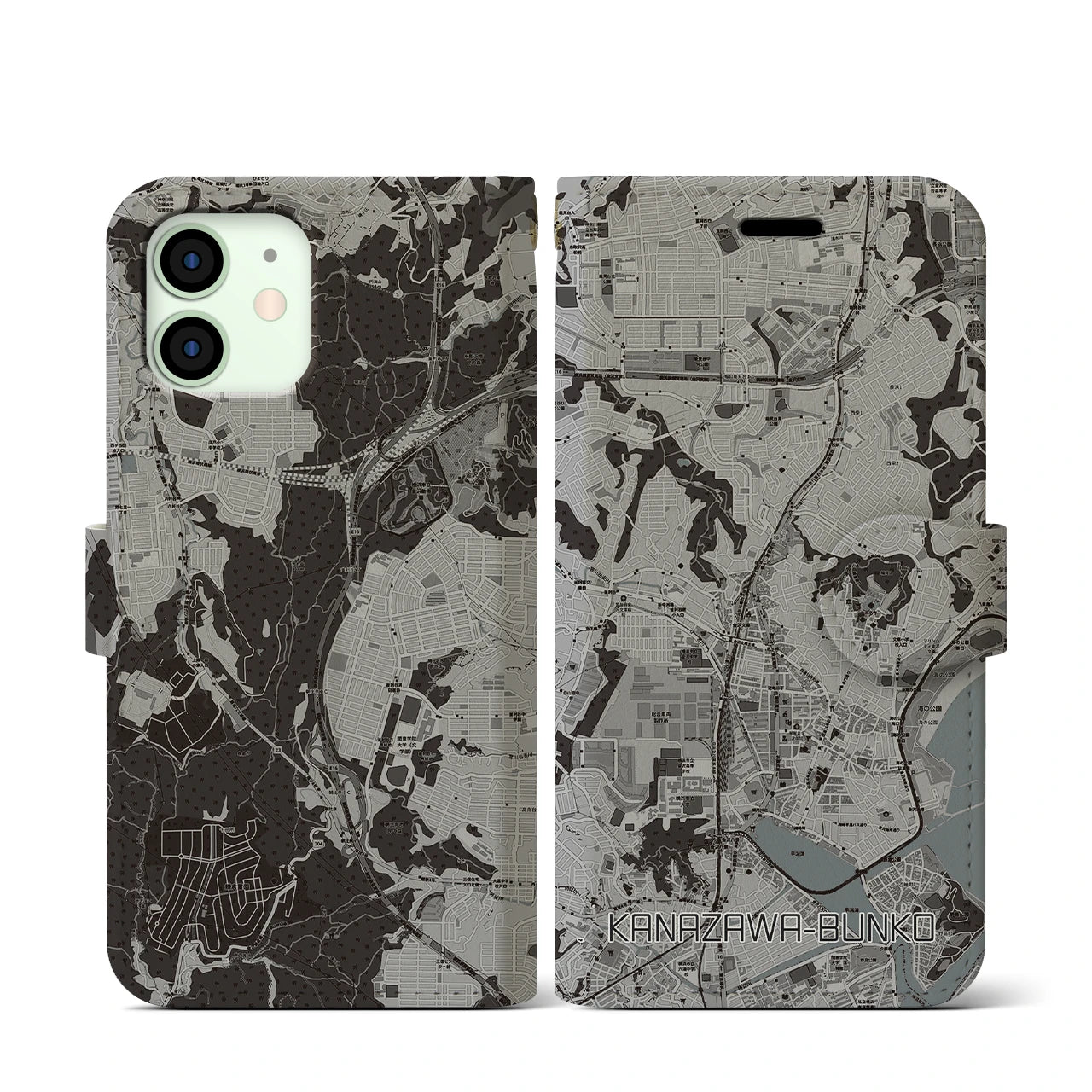 【金沢文庫(神奈川県)】地図柄iPhoneケース(手帳タイプ)モノトーン・iPhone 12 mini 用