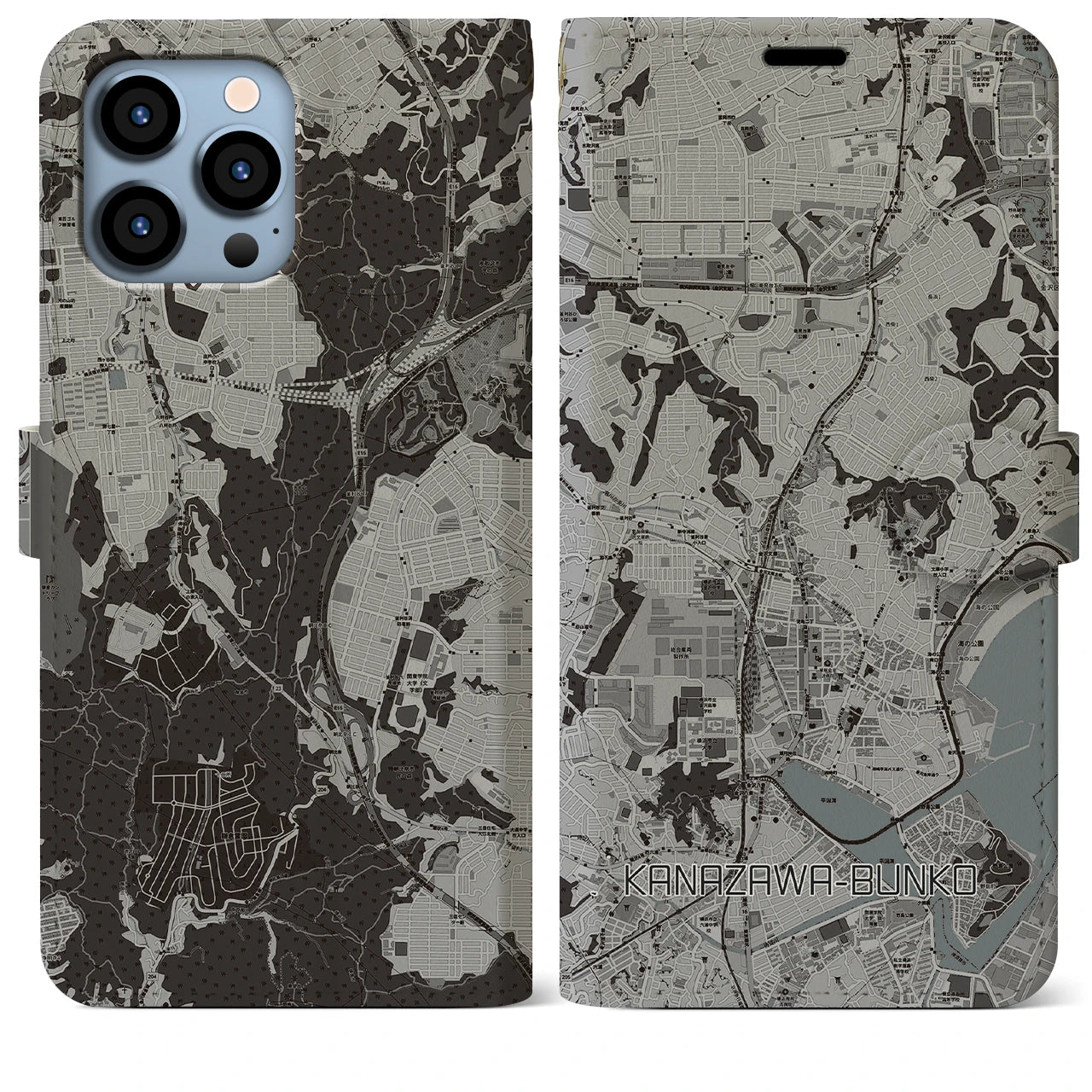 【金沢文庫(神奈川県)】地図柄iPhoneケース(手帳タイプ)モノトーン・iPhone 13 Pro Max 用