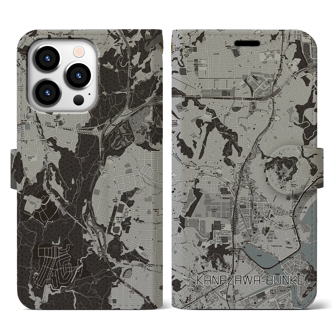 【金沢文庫(神奈川県)】地図柄iPhoneケース(手帳タイプ)モノトーン・iPhone 13 Pro 用