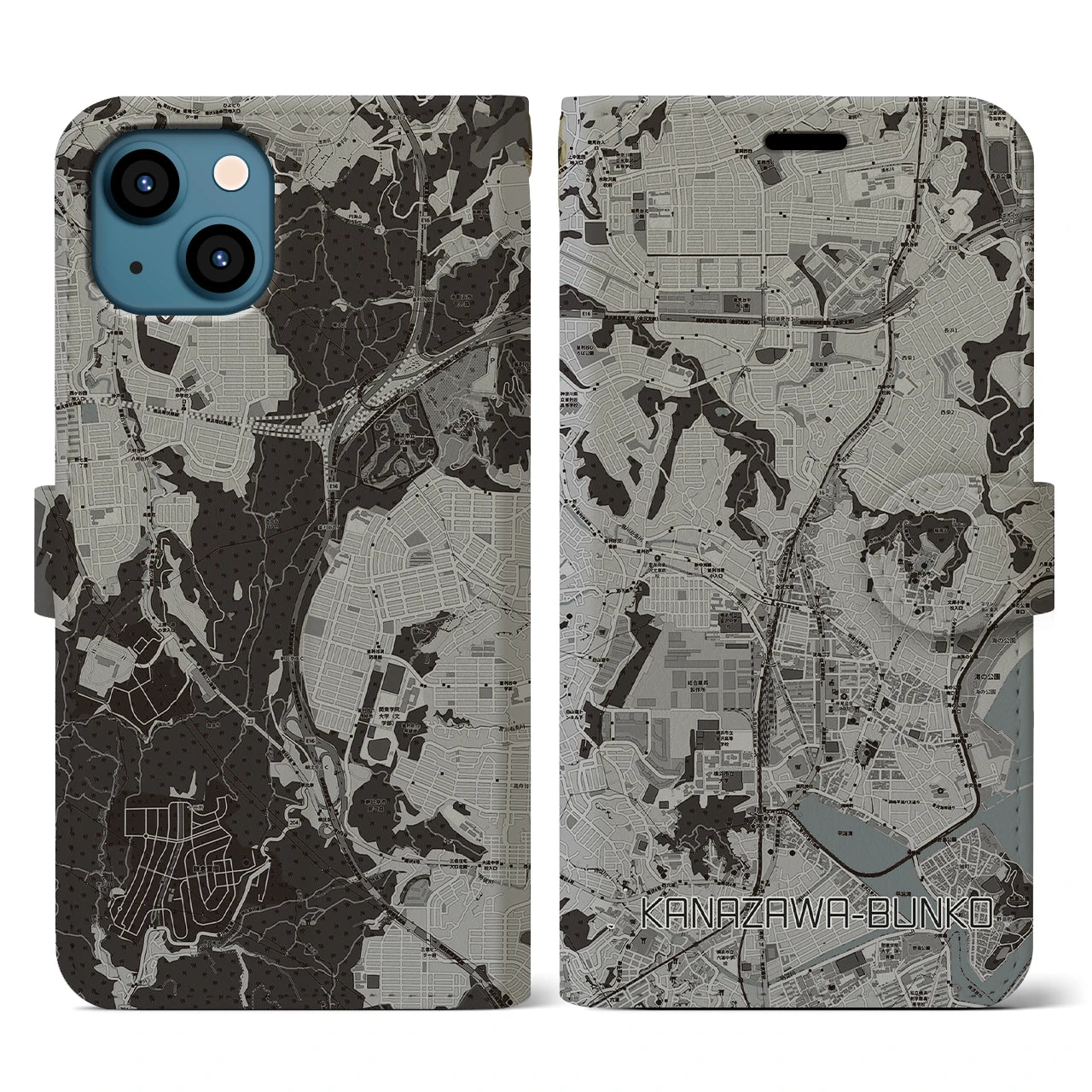 【金沢文庫(神奈川県)】地図柄iPhoneケース(手帳タイプ)モノトーン・iPhone 13 用